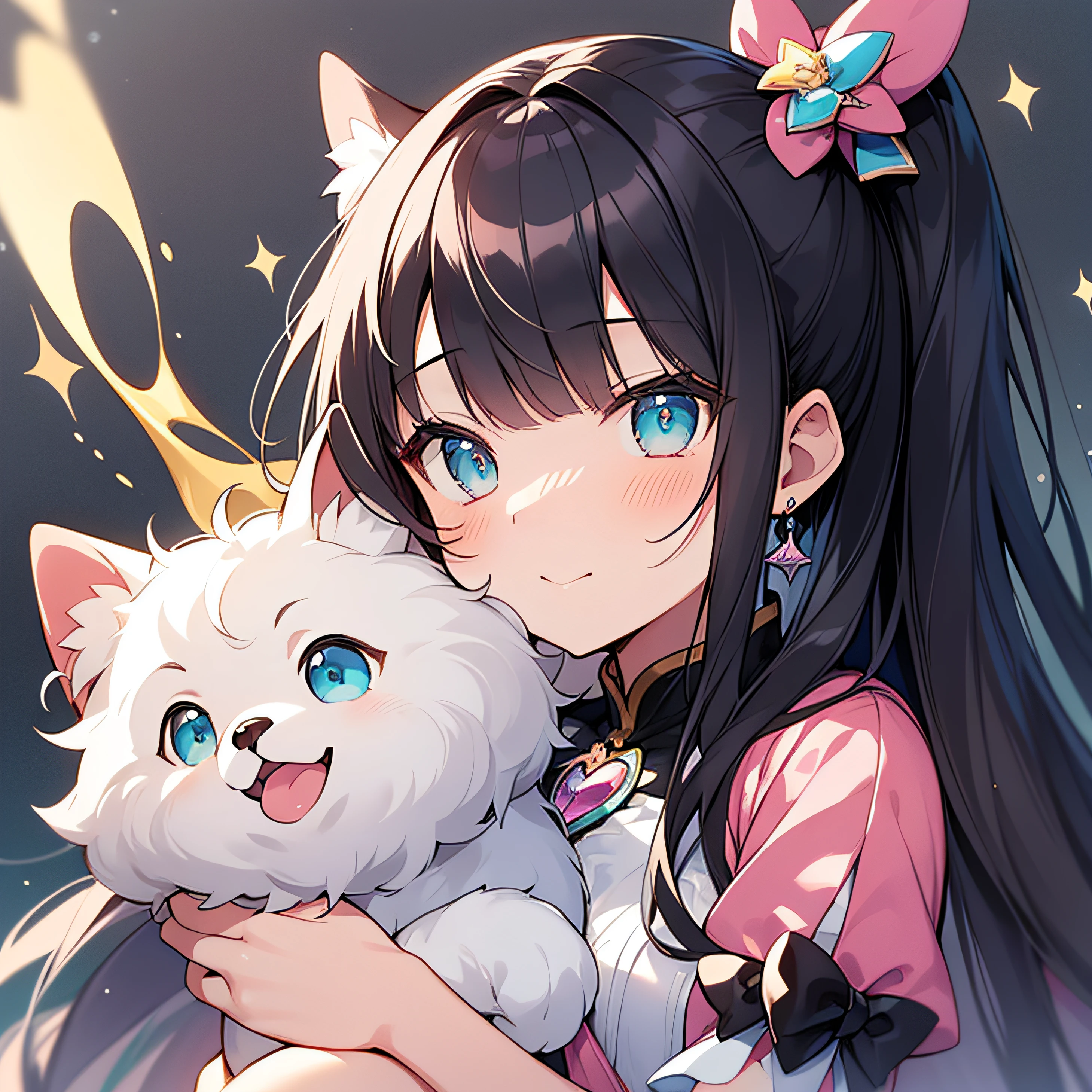 Standing painting, holding drooping eyes Pomeranian, close up portrait of a girl with long black hair in a baby pink dress, portrait of a magical girl, anime visual of a cute girl, **** in a baby pink dress, atliel lua, shirabii, madoka kaname, small curvaceous ****, marin kitagawa fan art, splash art anime ****, black ponytail hair and cyan eyes, Dream illustration, fluffy girl, big picture, holding droopy Pomeranian