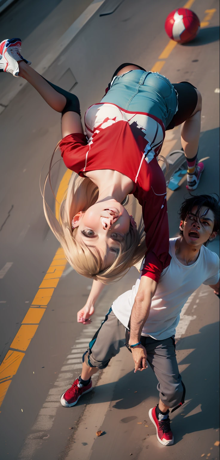 Girl in the air, shorts, T-shirt, long hair, man underneath, man in T-shirt and seven-quarter length pants, both of them sneakers, --auto