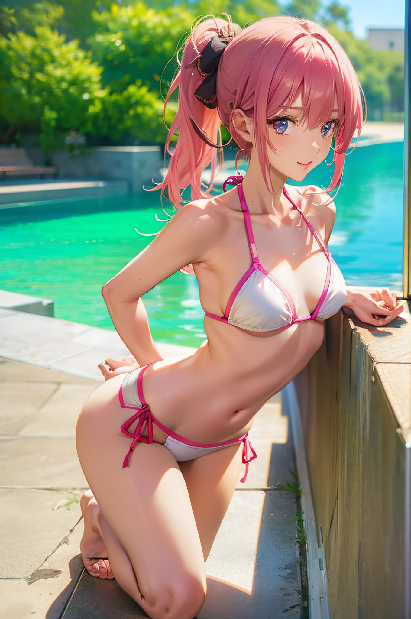 Kasumi Yoshizawa, Yoko Asagiri , Bikini Armor, Full Length Image, High Quality, Ponytail, Small Breasts, Bangs, Smooth Thighs, Patsun, Top Quality, Ultra High Definition, Fine Eyes, Slender Legs, Fine Beautiful Eyes, 8K, White Bikini, Butt Protruding, Pink Hair