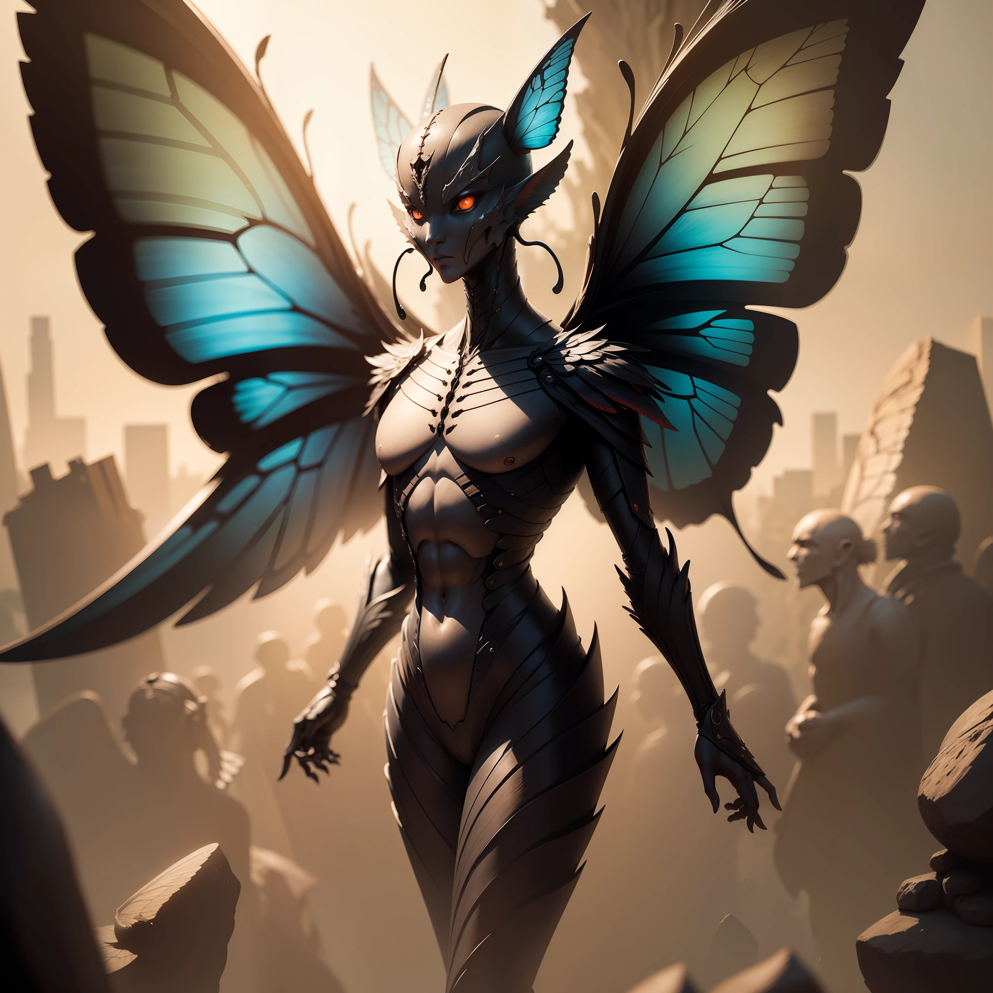 Humanoid creature with six wings, similar to a butterfly, faceless