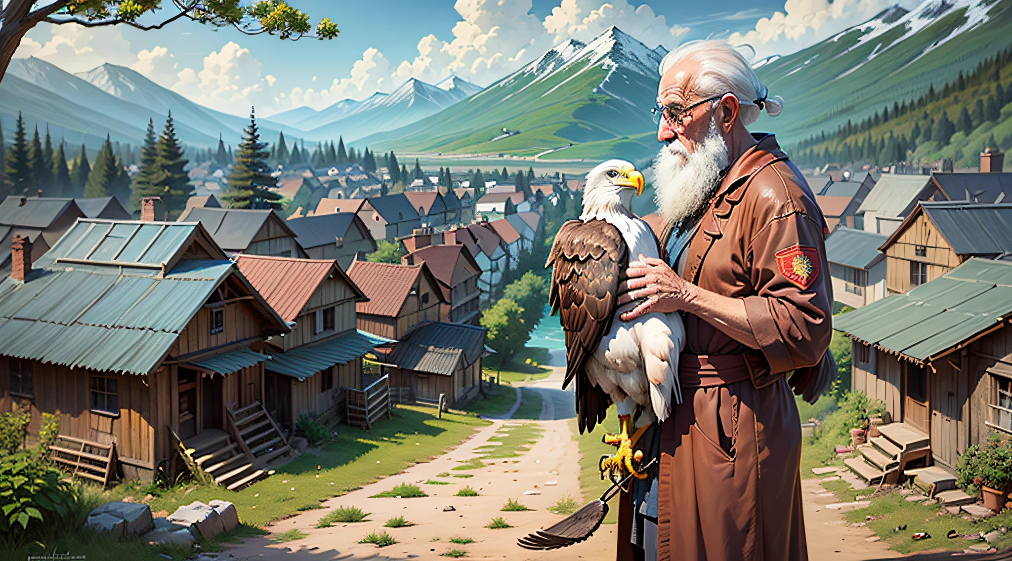 An old wise man with an eagle, in a village.