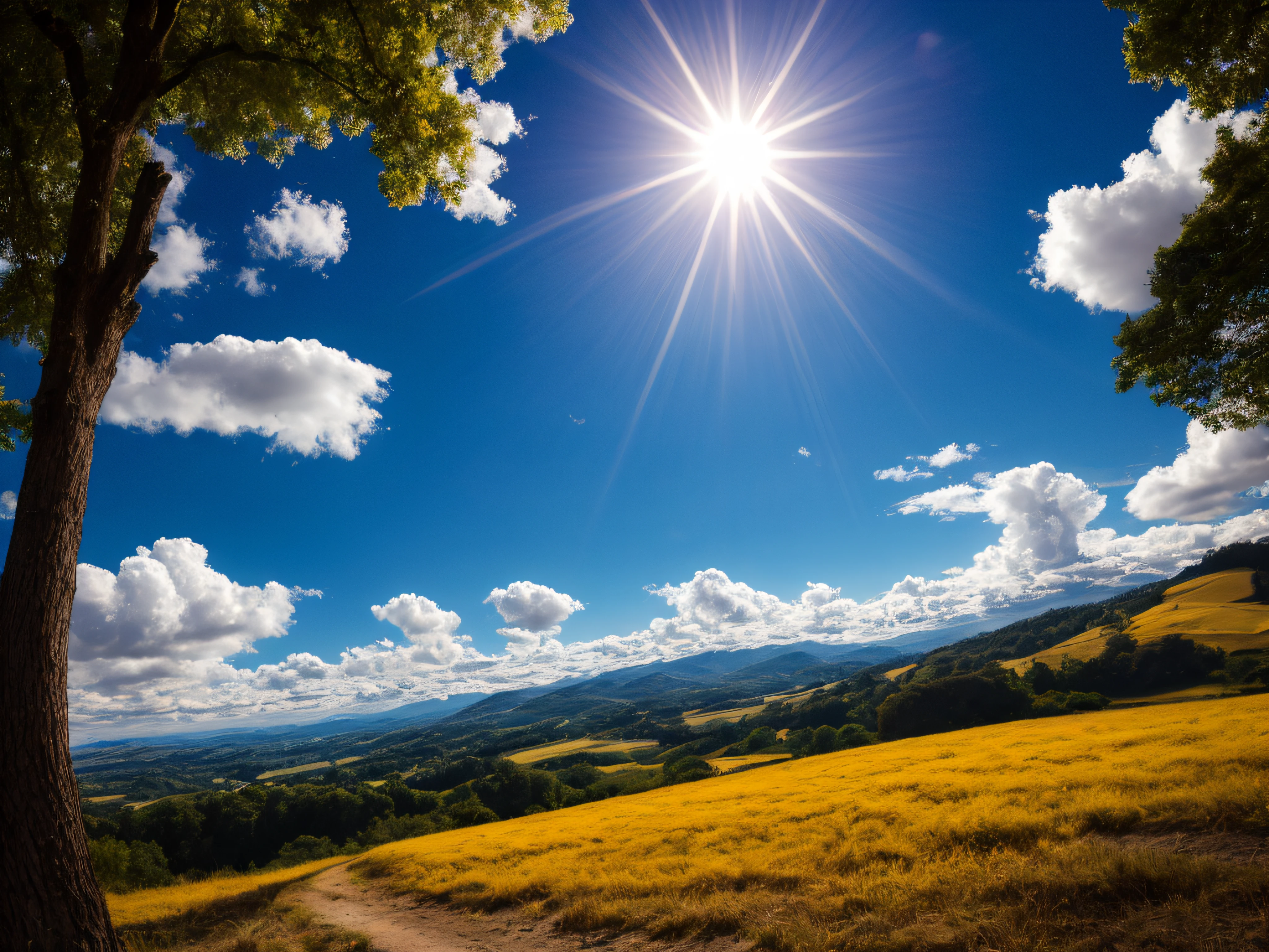 Realism, Masterpiece, Award-Winning Work, High Quality, Award-Winning Photography, 8K, High Resolution, Sky, Blue Sky and White Clouds, Sun, Sun in the Center, Around White Clouds, Feeling of Hope, High Detail,