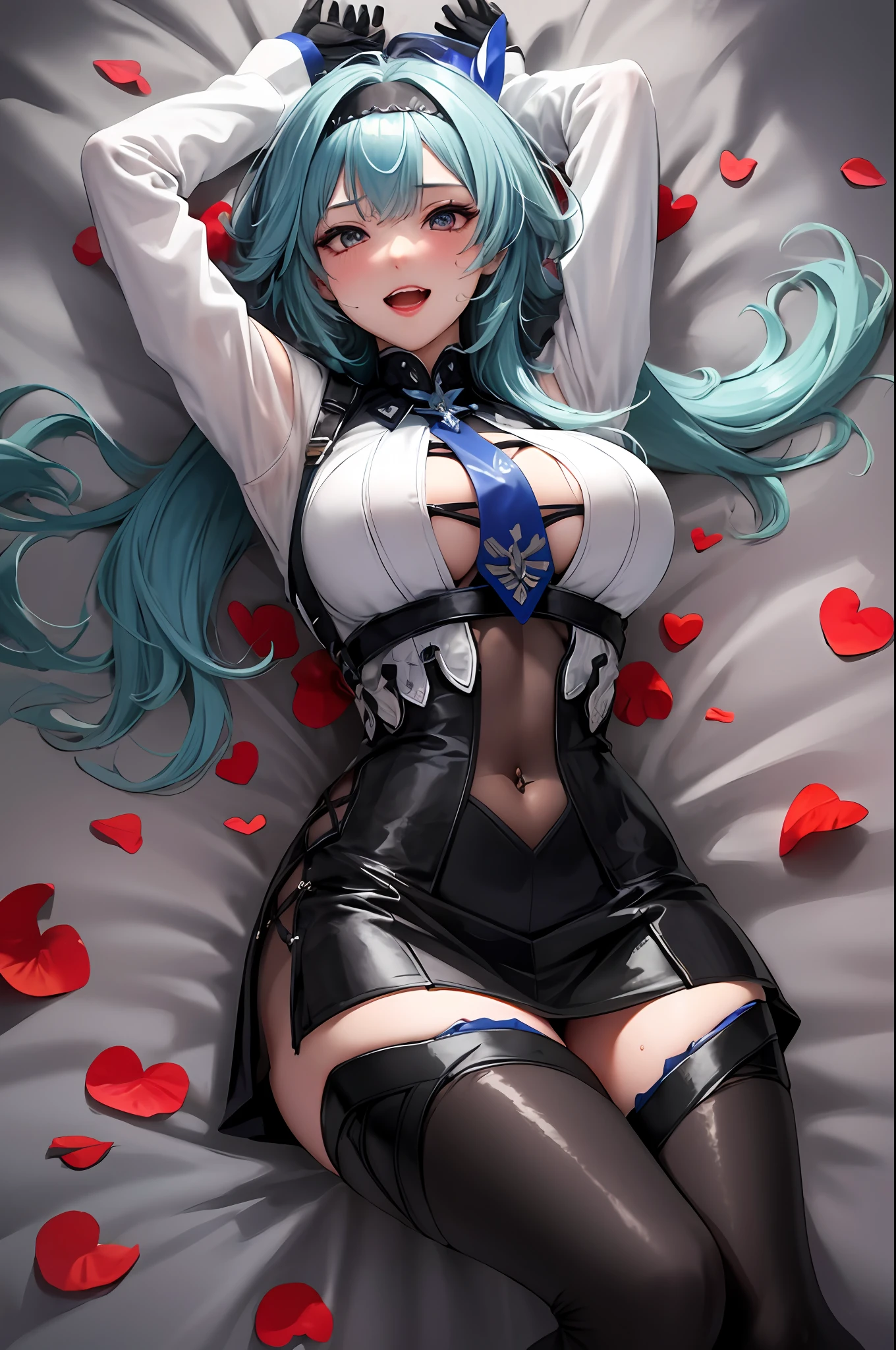 original outfit, 1girl, breasts, solo,naughty face, evil smile, sharp teeth, monster girl,looking at viewer, (glowing:1.2),green theme,, fingerless gloves,pantyhose, looking at viewer, large breasts, white gloves, long sleeves, :p, skirt (((masterpiece,high resolution,best quality))), 1girl, solo,wine bottle, large breasts, lying, twintails, on back, petals, looking at viewer, armpits, open mouth, solo, blush, wet clothes, heart, arms up, wet, bed sheet, huge breasts,