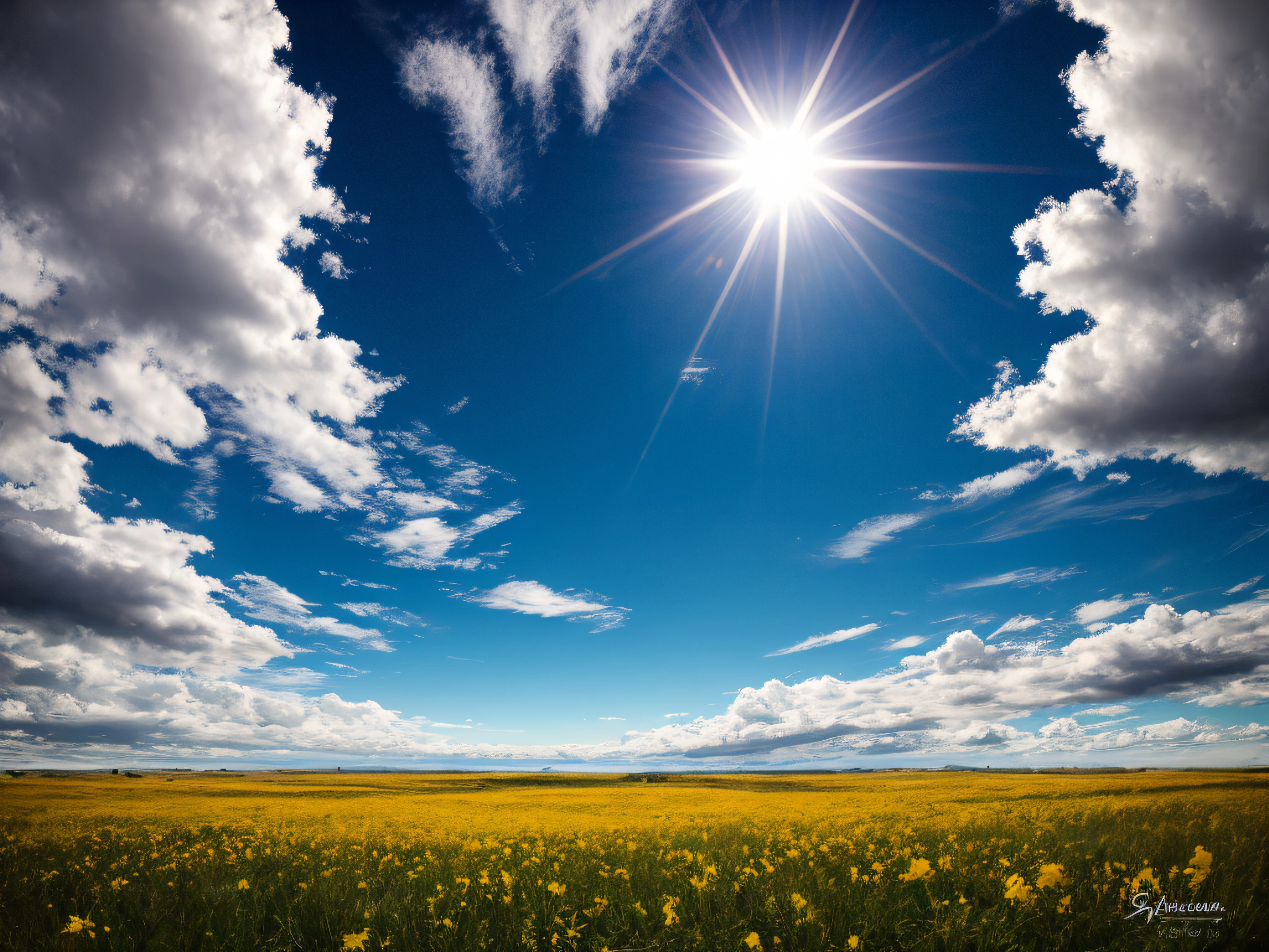 Realism, Masterpiece, Award-Winning Work, High Quality, Award-Winning Photography, 8K, High Resolution, Sky, Blue Sky and White Clouds, Sun, Sun in the Center, Around White Clouds, Feeling of Hope, High Detail,