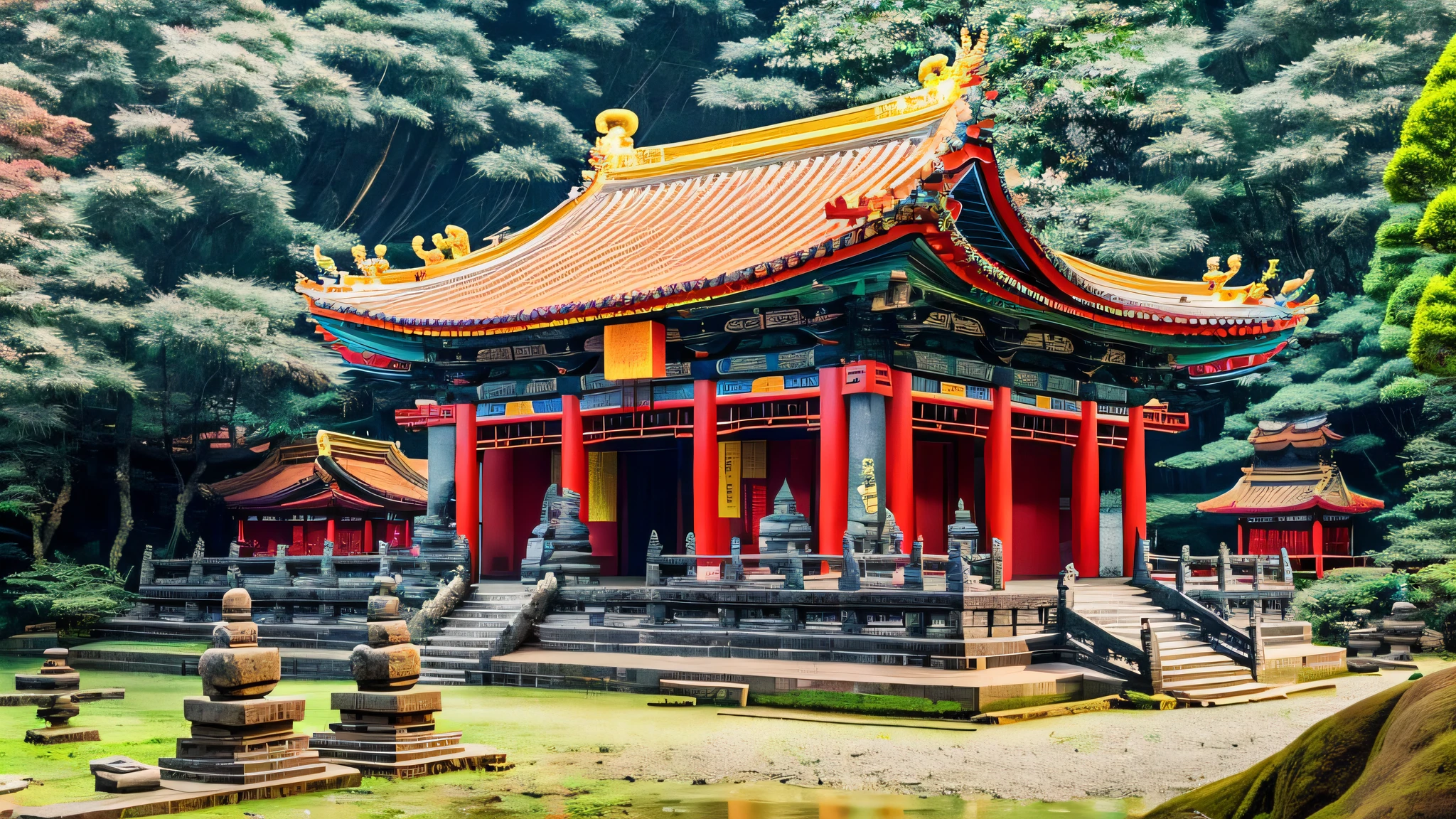A Chinese temple in the middle of the forest with 8 Buddha statues on either side