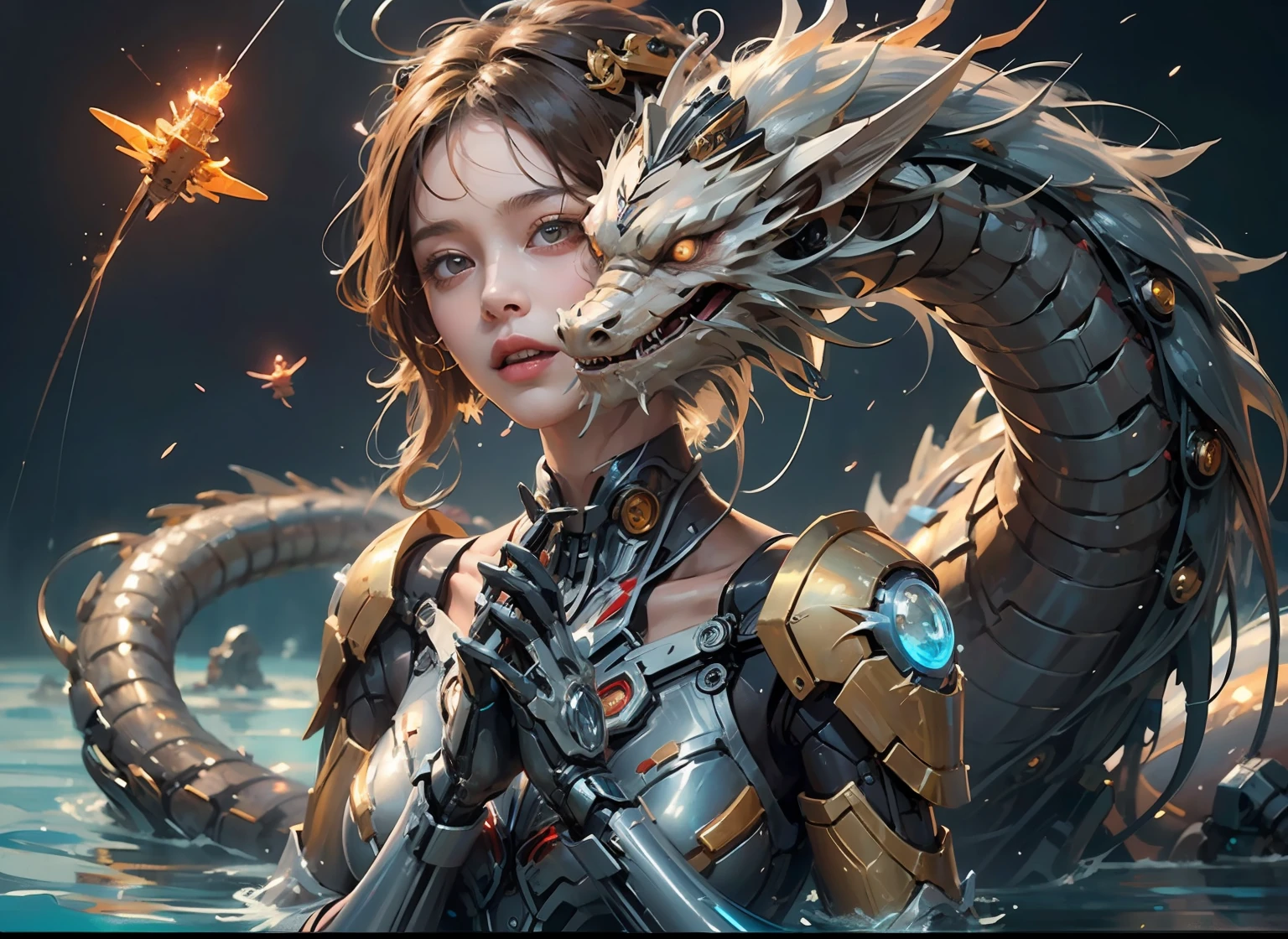 (top quality), (masterpiece), very delicate and beautiful girl, , very detailed, amazing, fine details, official art, super detailed, high resolution, beautiful detailed girl, light in the face, little girl oking dragon,
little girl stroking dragon face,dragon,dragon has a gentle expression,(floating hair),mecha,(mechanical mecha),filled with water energy,mechs,honey mech,machinery