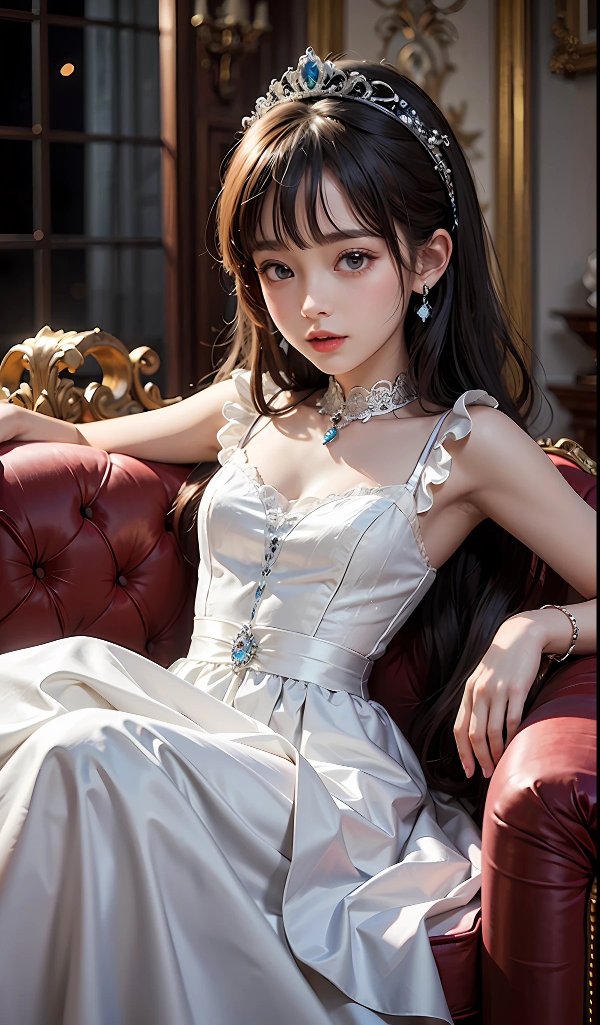High resolution, extremely detailed, facial enhancement, mansion, an innocent and cute eight-year-old girl, princess dress,