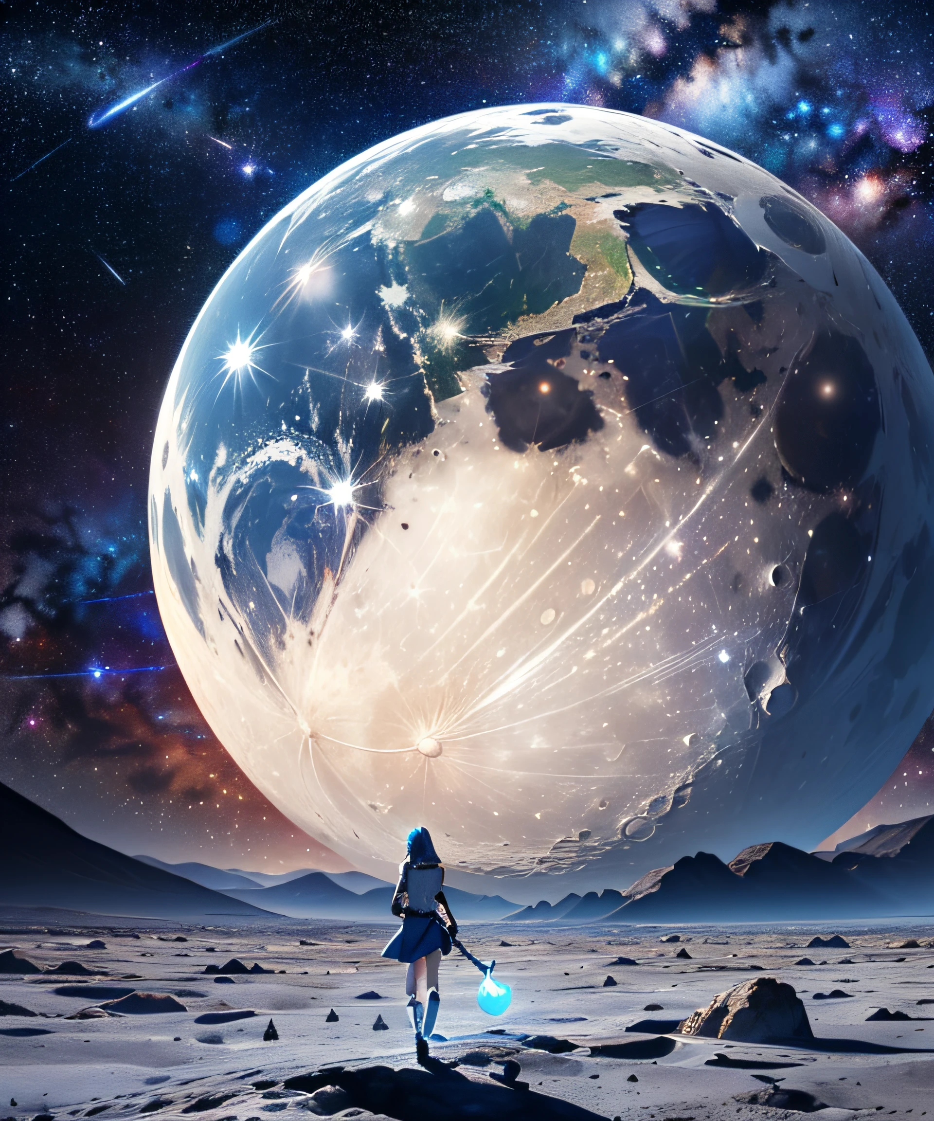 Highest quality, realistic, highest resolution, (Moon)), (Moon))))), ((Rabbit beauty wielding a whip walking on the desolate moon surface), ((Blue ((Only the big Earth)))) floats in the sky)), Night sky, Galactic stars, ((((Milky Way)), Earth, ((Blue Earth)), (Earth as seen from the moon)))), meteor shower