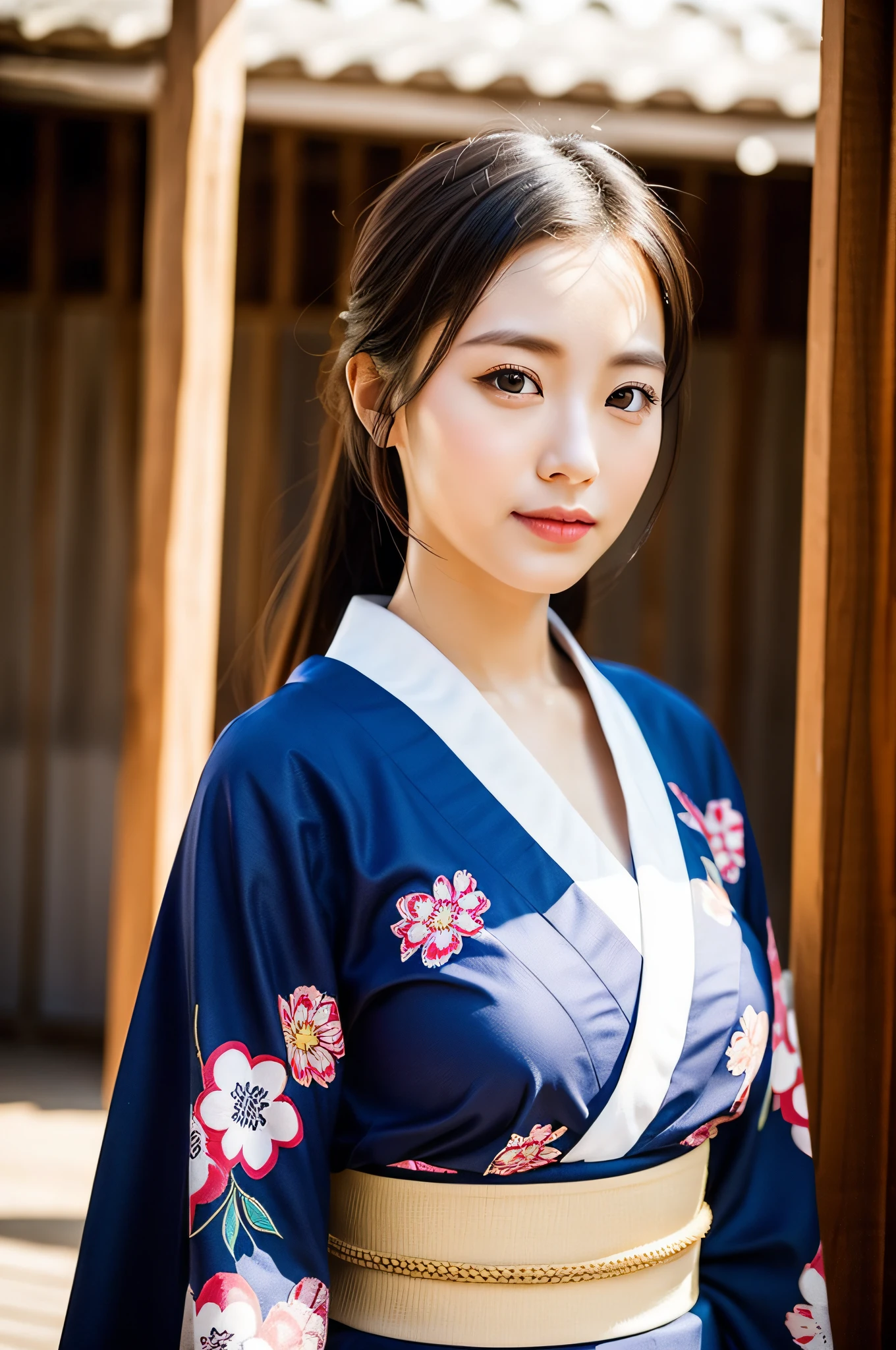 ((Best Quality, 8K, Masterpiece: 1.3)), Sharp Focus: 1.2, (Super Beautiful Face: 1.0), (Slender Abs Beauty: 1.0), (Shiny Skin: 1.0), Realistic Photography, Black Hair, Realistic Pupils, Video Lighting, High Definition Eyes and Face, Video Lighting, (Cowboy Shot: 1.3), (Kimono, Hakama, Obi: 1.4), (Korean Cute Actress), Traditional Kimono, Front Off, Big