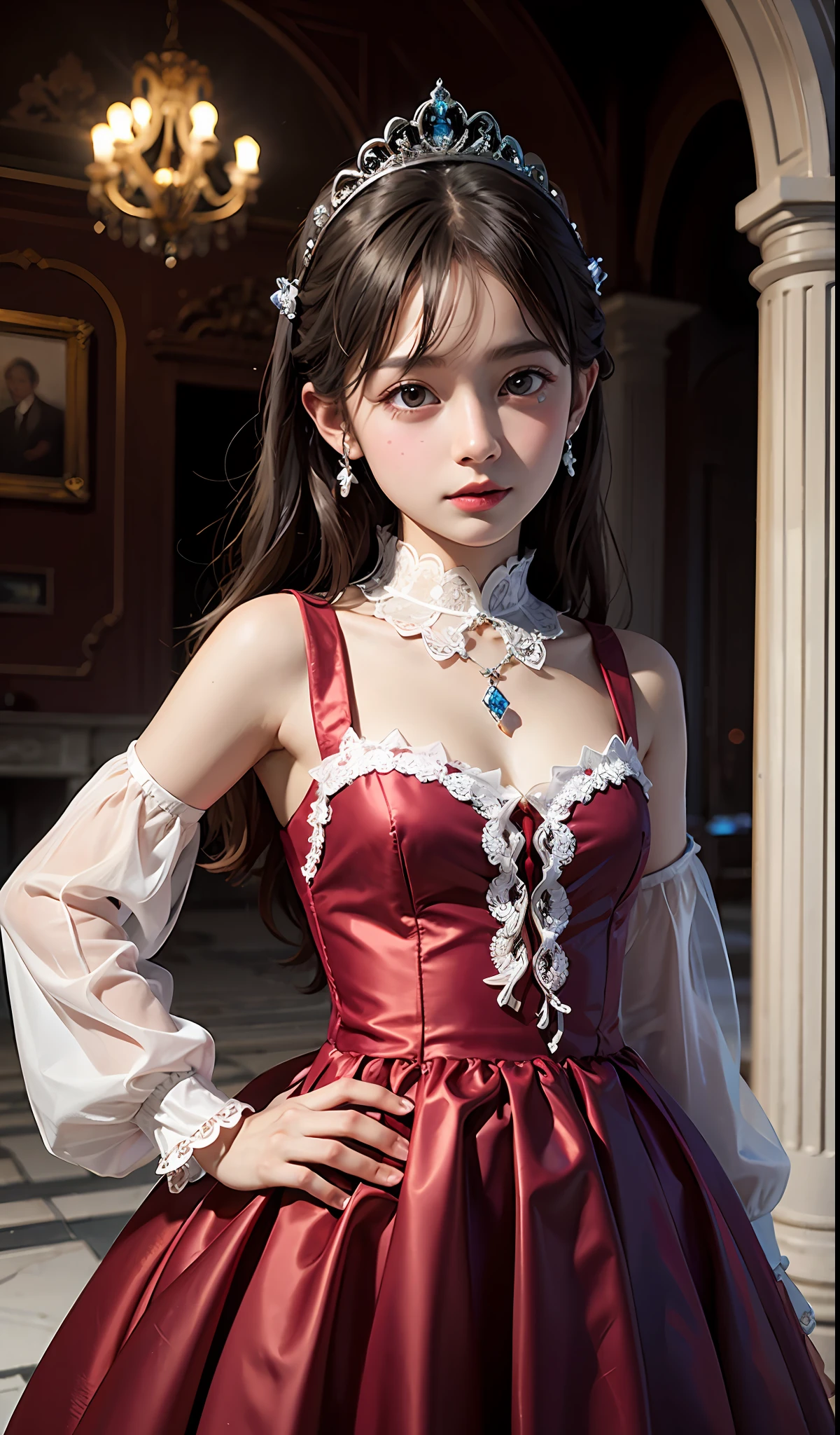High resolution, extremely detailed, facial enhancement, mansion, an innocent and cute eight-year-old girl, princess dress,