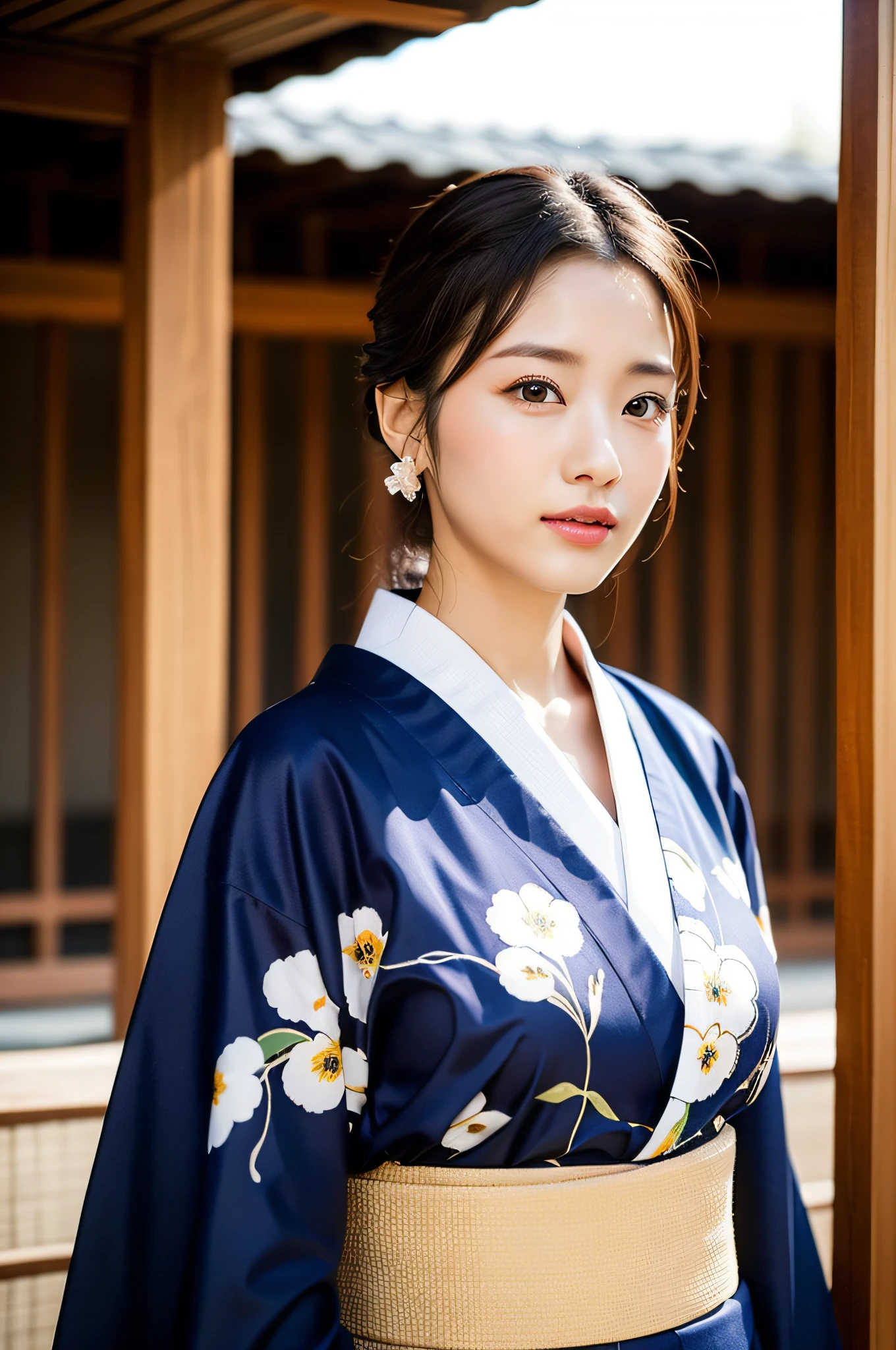 ((Best Quality, 8K, Masterpiece: 1.3)), Sharp Focus: 1.2, (Super Beautiful Face: 1.0), (Slender Abs Beauty: 1.0), (Shiny Skin: 1.0), Realistic Photography, Black Hair, Realistic Pupils, Video Lighting, High Definition Eyes and Face, Video Lighting, (Cowboy Shot: 1.3), (Kimono, Hakama, Obi: 1.4), (Korean Cute Actress), Traditional Kimono, Front Off, Big