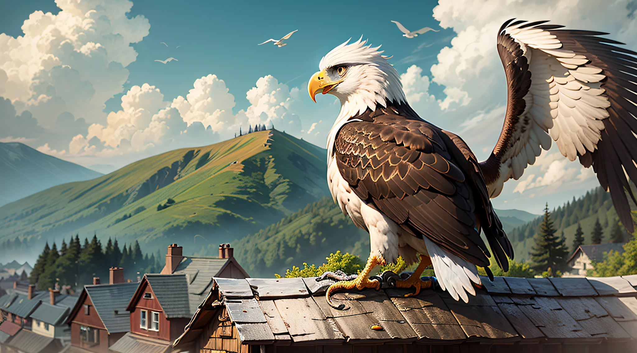 A blind old man with an eagle in a village.
