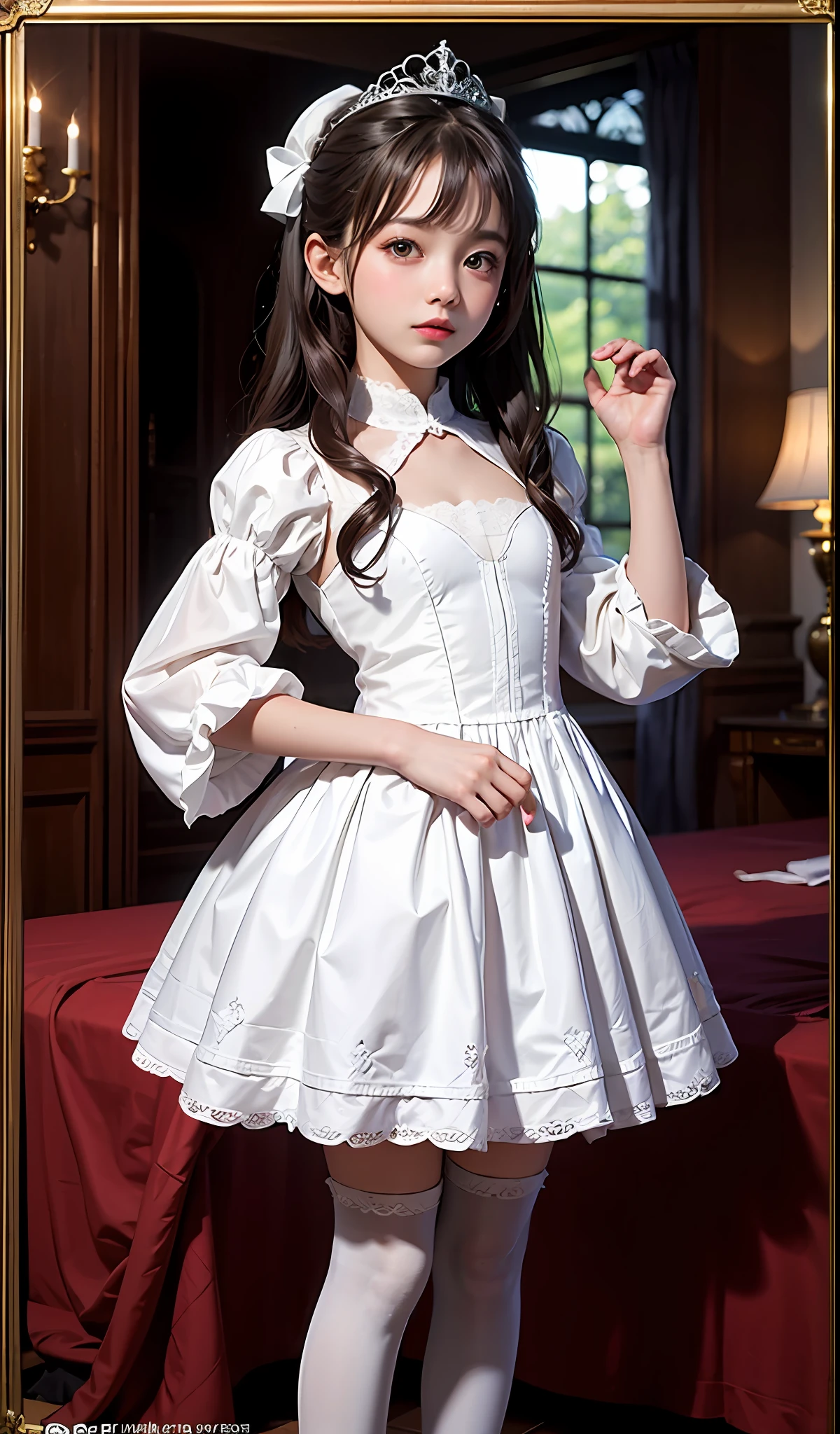 High resolution, extremely detailed, facial enhancement, mansion, an innocent and cute eight-year-old girl, princess dress, white stockings,