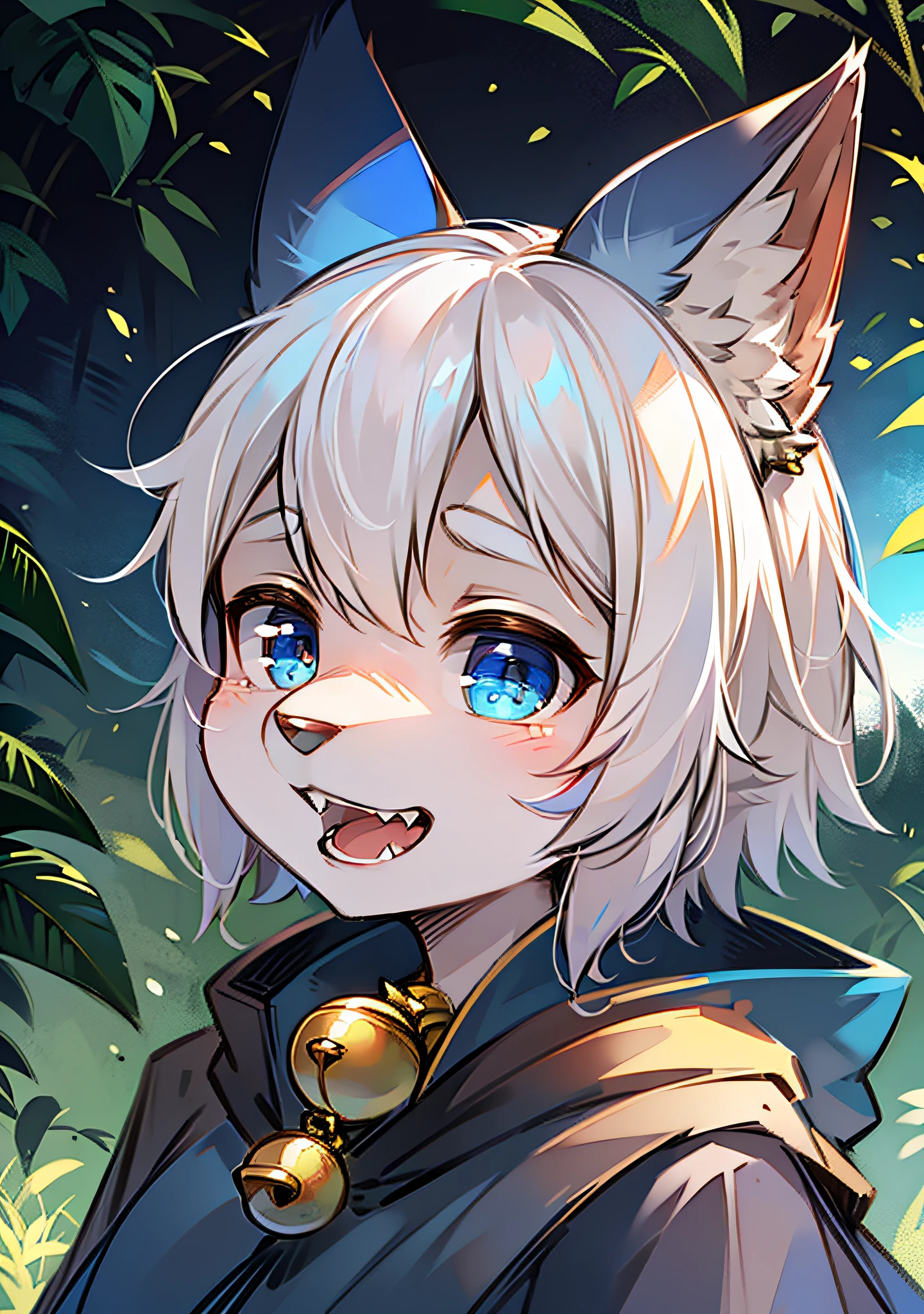 Sunny day, fluffy, blue wolf, cape, white hair, short hair, prairie, bell, child, humanoid, big fluffy tail, dog ears, super cute face, posing, canine teeth