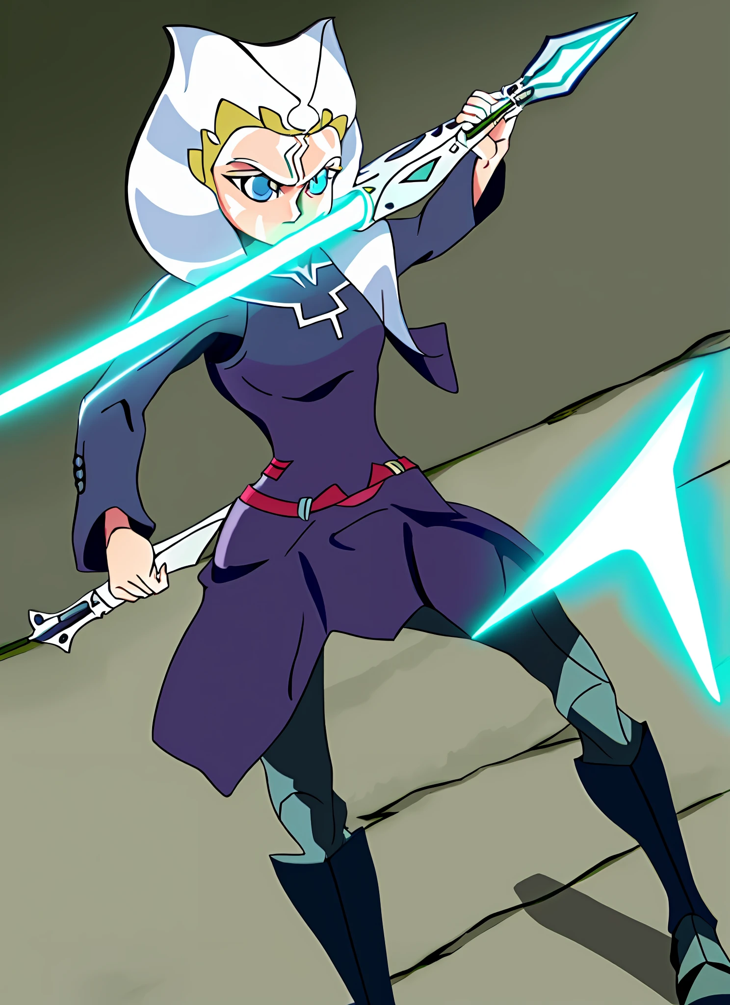 1girl, blue eyes, orange skin, tentacle hair weilding a blue lighsaber stance LWA