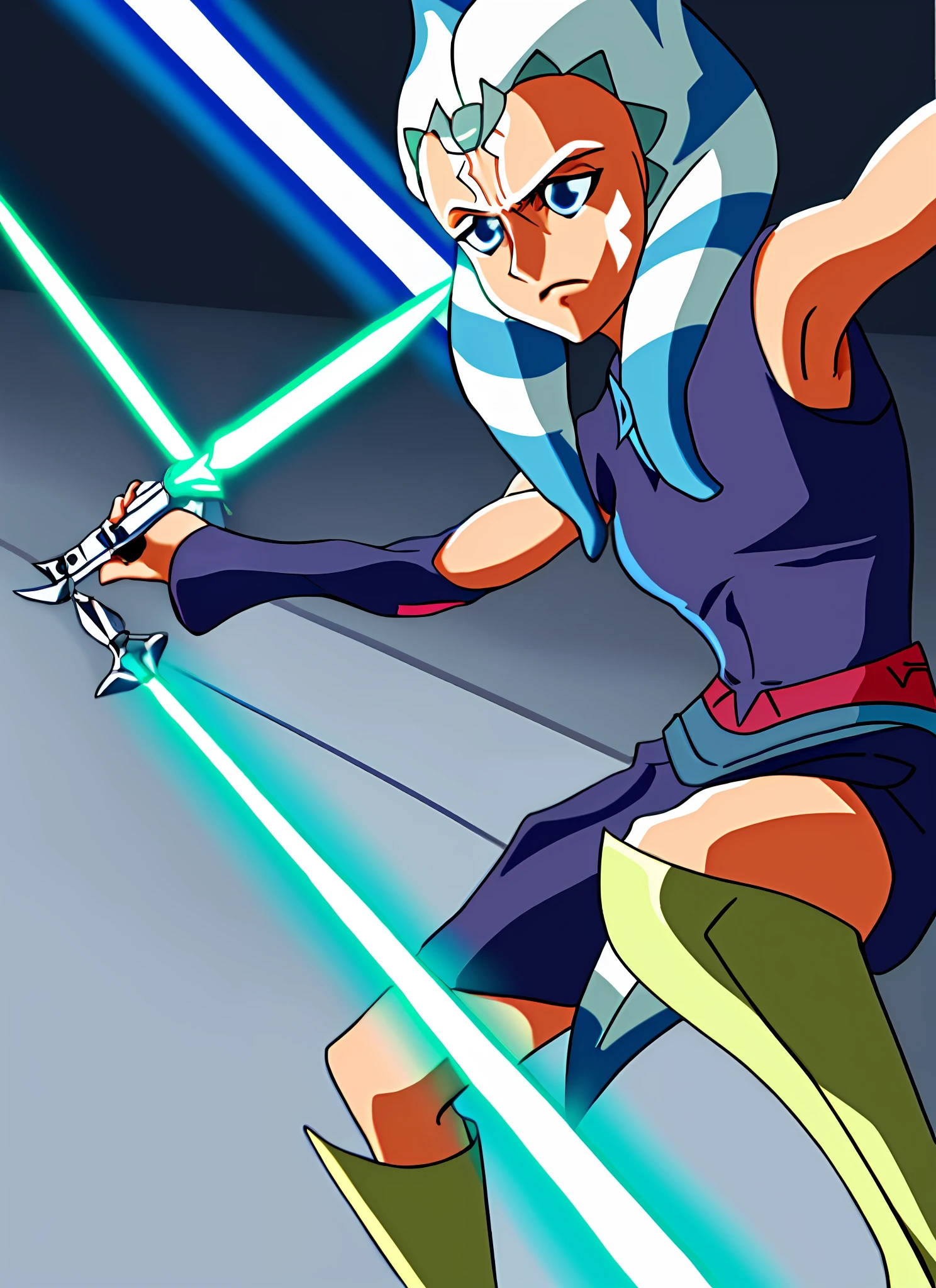 1girl, blue eyes, orange skin, tentacle hair weilding a blue lighsaber stance LWA