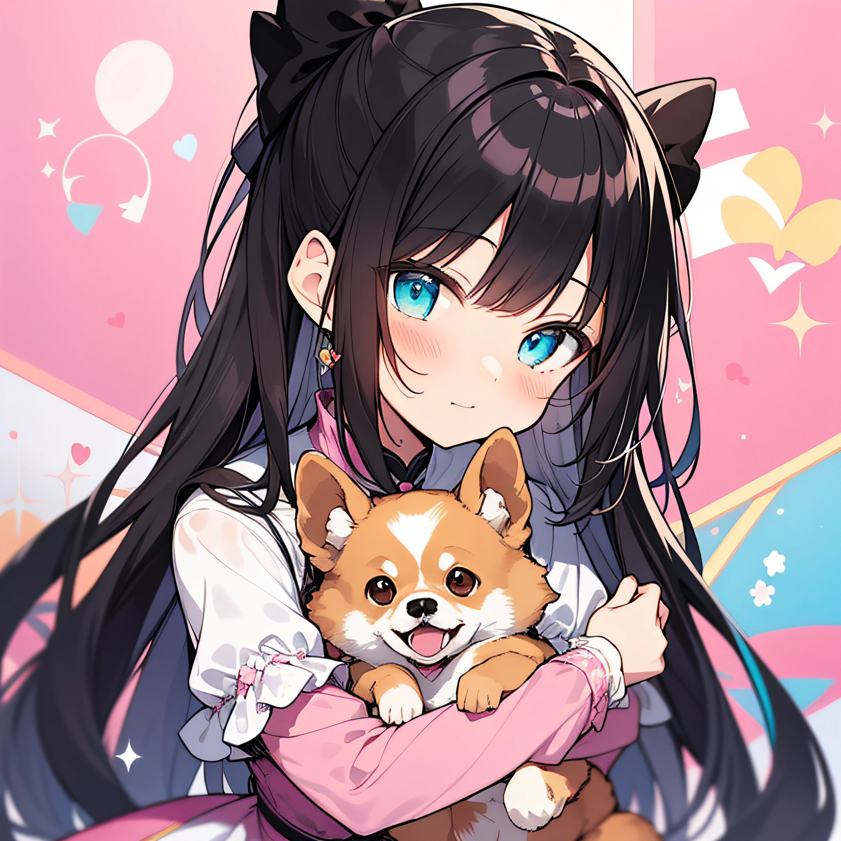 Standing painting, hugging brown Pomeranian, closeup portrait of a girl with long black hair in a baby pink dress, magical girl portrait, anime visual of a cute girl, loli in a baby pink dress, atliel lua, shirabii, madoka kaname, small curvaceous loli, marin kitagawa fan art, splash art anime loli, black ponytail hair and cyan eyes, Dream illustration, fluffy girl, big picture, holding droopy brown Pomeranian