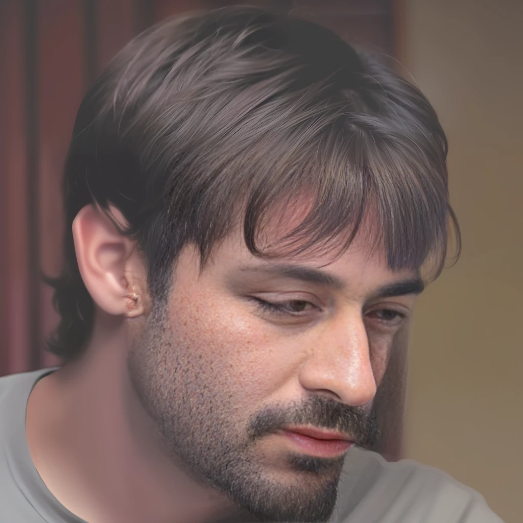 arafed man with a gray shirt looking at a cell phone, a photo of a disheveled man, profile shot, only a few bangs of hair, classified photo, with slight stubble, looking away from camera, with a small beard, his hair is messy and unkempt, a photo of a man, taken in the late 2000s