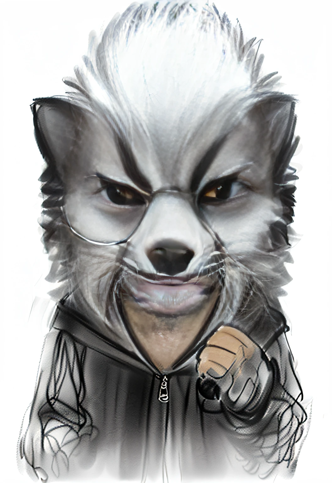 Anthropomorphic honey badger with an angry face, a hoodie inside, a jacket on the outside, and hands in his pocket