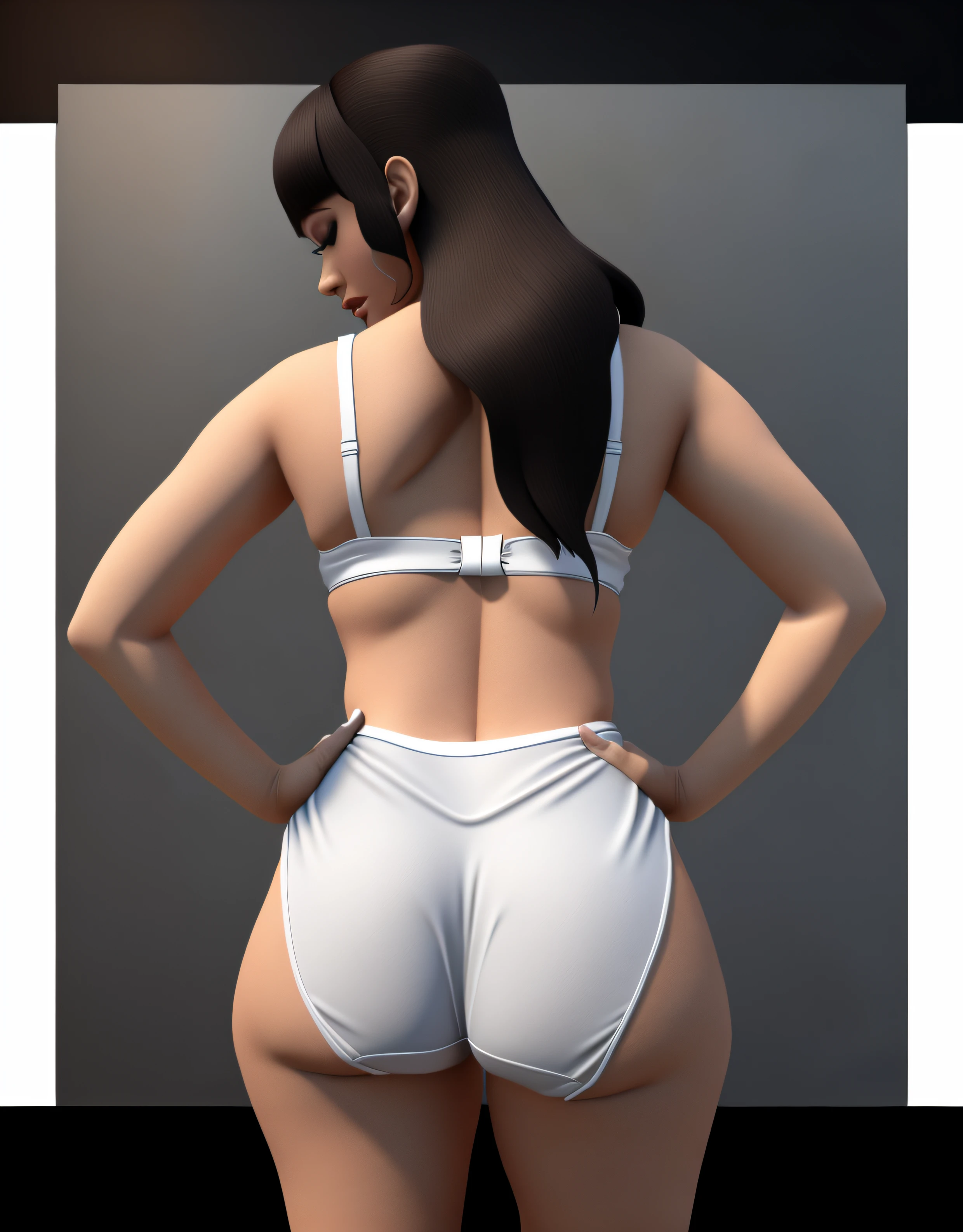 Curvy Latina with dark colored hair, in white bra and white full coverage cotton panties, back shot, realistic 3D game model, intricate details