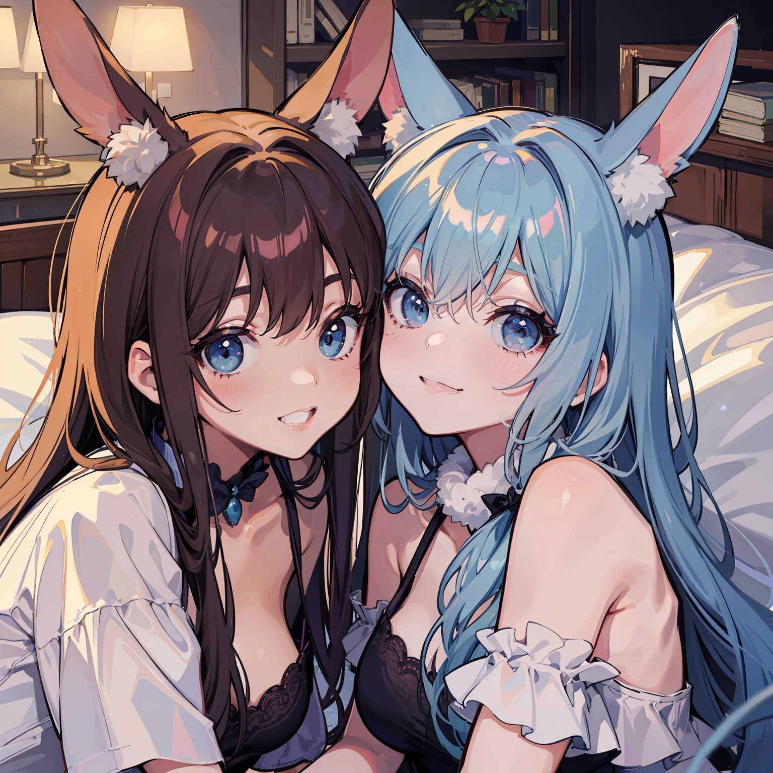 Two rabbit-eared girls smiling while facing each other in bed at night in the room dark