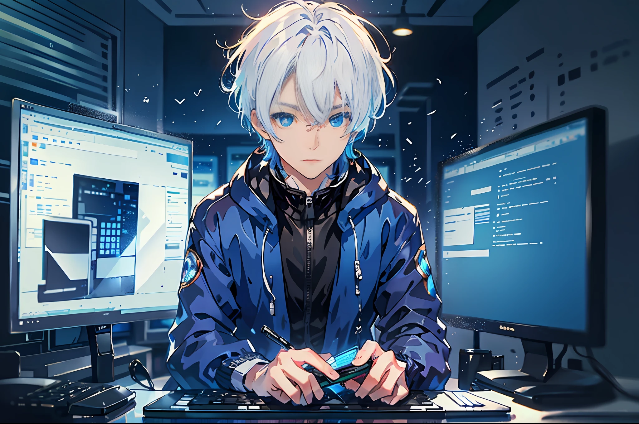 A room with computer screen, chair and computer with white hair and blue eyes, black jacket, blue eyes, jacket, short hair, solo, upper body