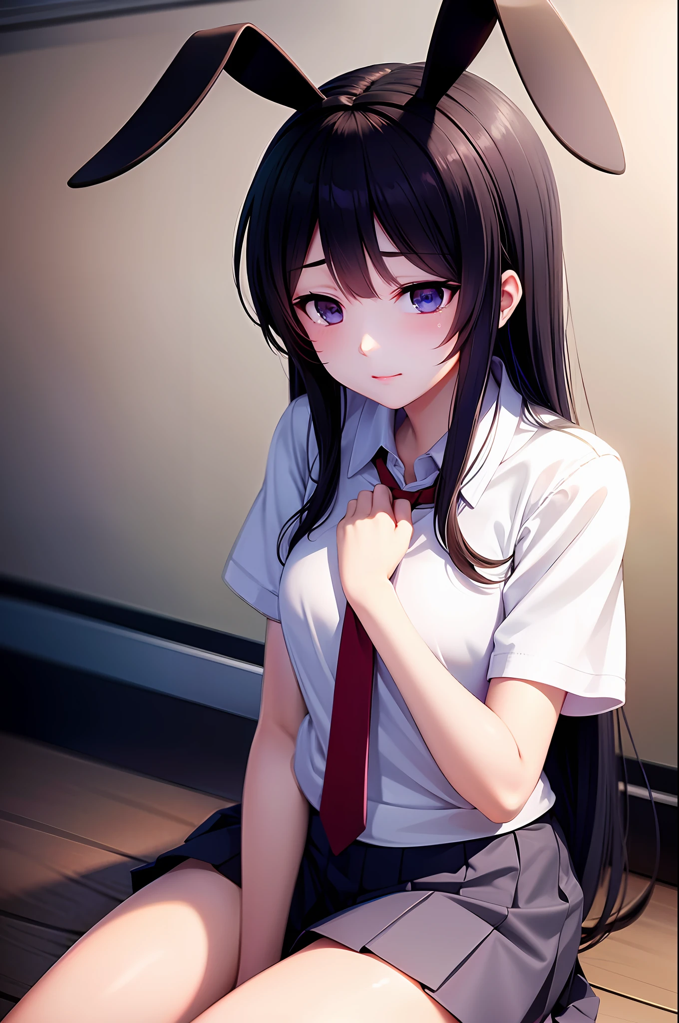 School uniform, white shirt, knee-length socks, pleated skirt, tie, rabbit ears, mayijan, faint smile, mid_breats, best quality