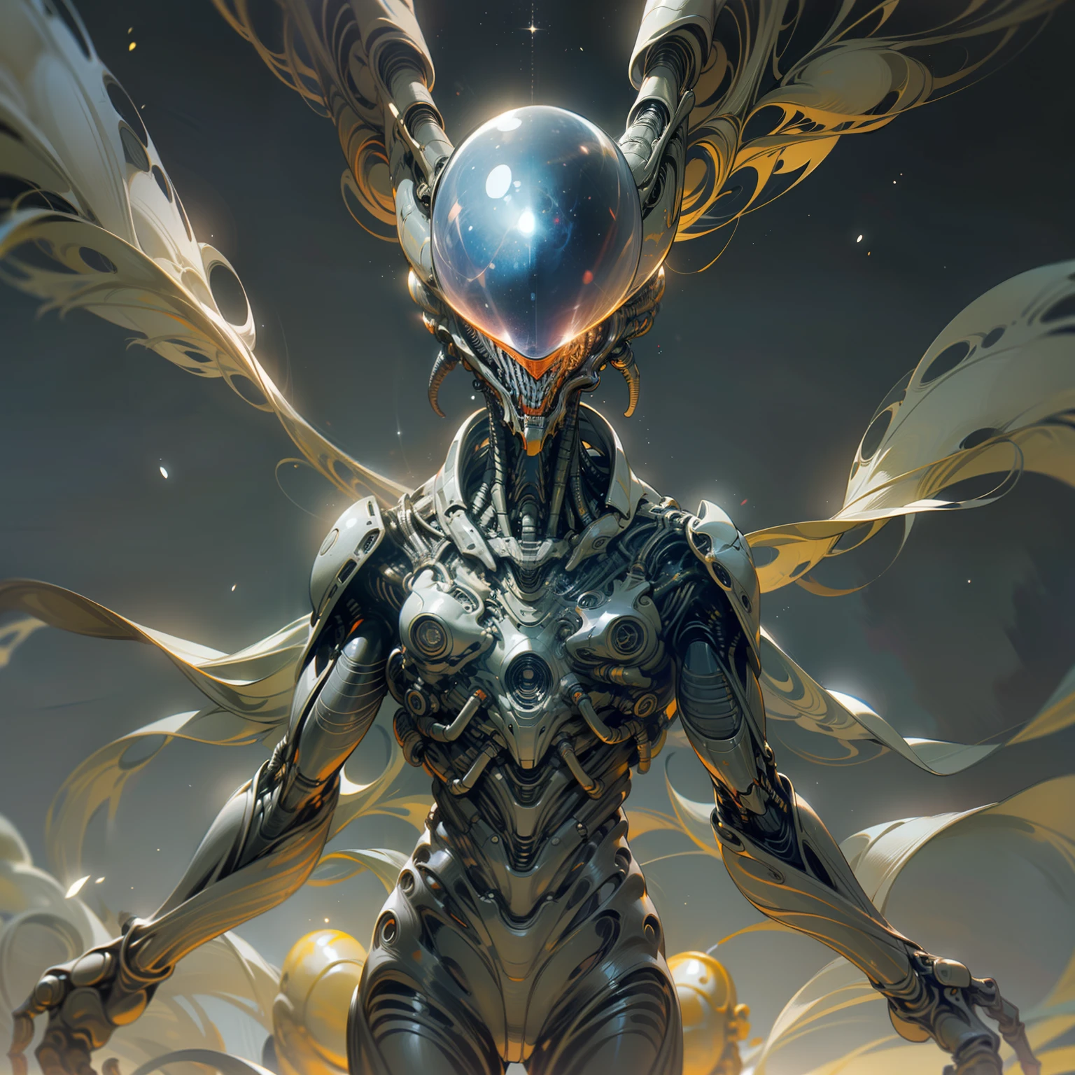 200-meter humanoid alien, Slender and majestic body, Long limbs, galaxy-textured body, no mouth or eyes, spectral appearance, nebula gas around his body, divine pose