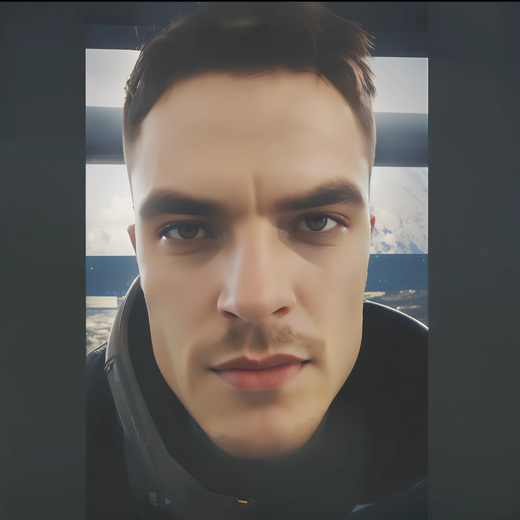 fking_scifi, award-winning photo of a man, black flight suit with yellow accents, brown hair, (gray eyes:1.35), square jawline, asymmetric face, standing in front of a window on a space ship, 80mm, bokeh, mass effect, close up, fking_cinema_v2