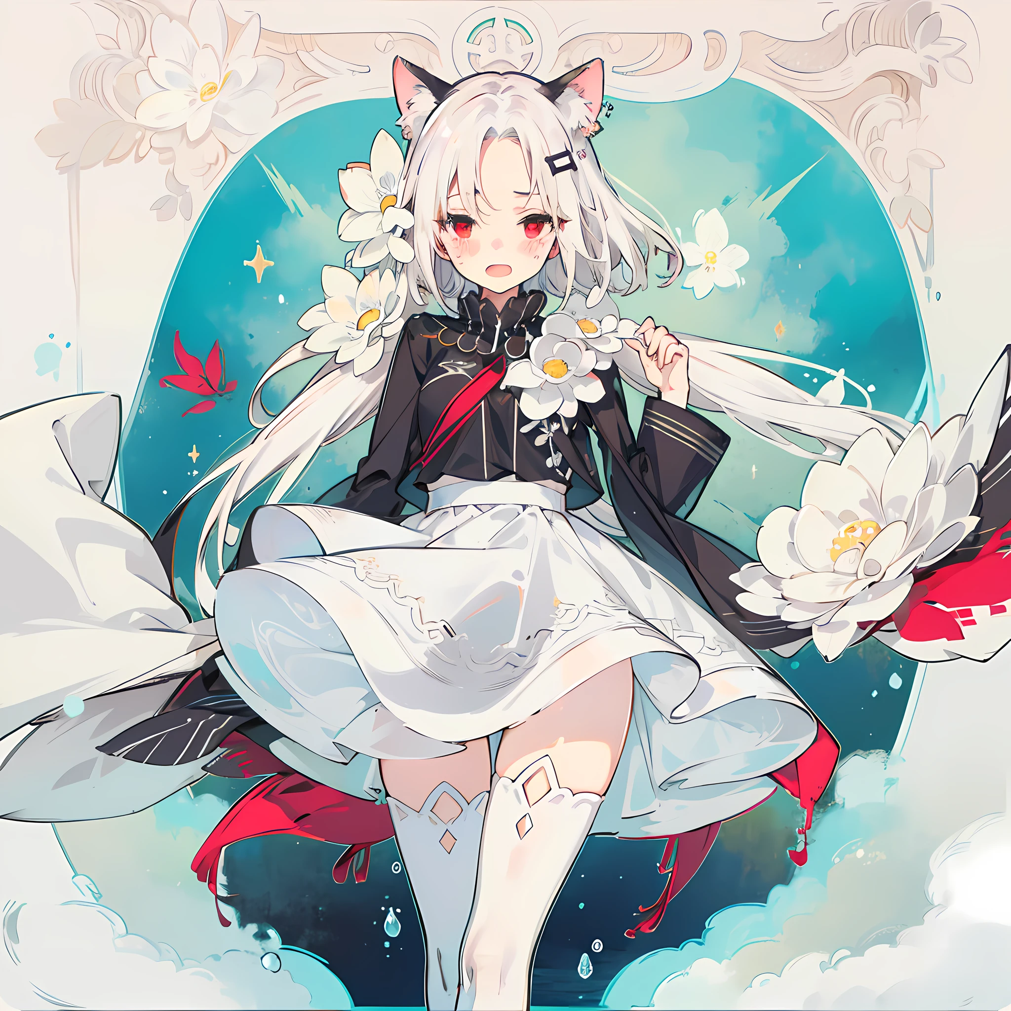 Long head with white hair, cute, red eyes, low cat ears, blushing, vaginal water, making sounds, panting, loli, white stockings, skirt pulled up, leaking out of the lower body