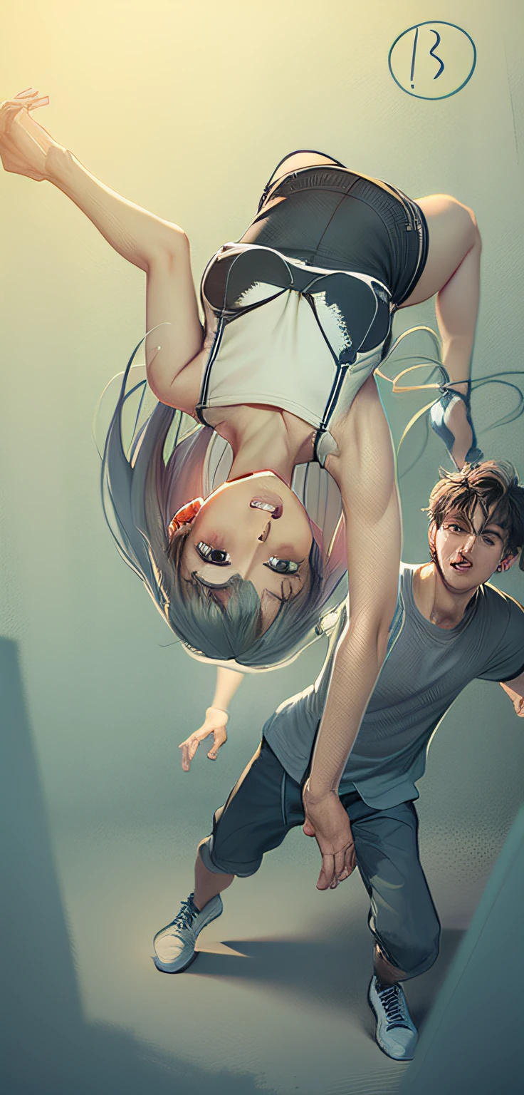 Dancing girl, T-shirt, shorts, long hair, man behind him, man in T-shirt and seven-quarter pants, both in sneakers --auto