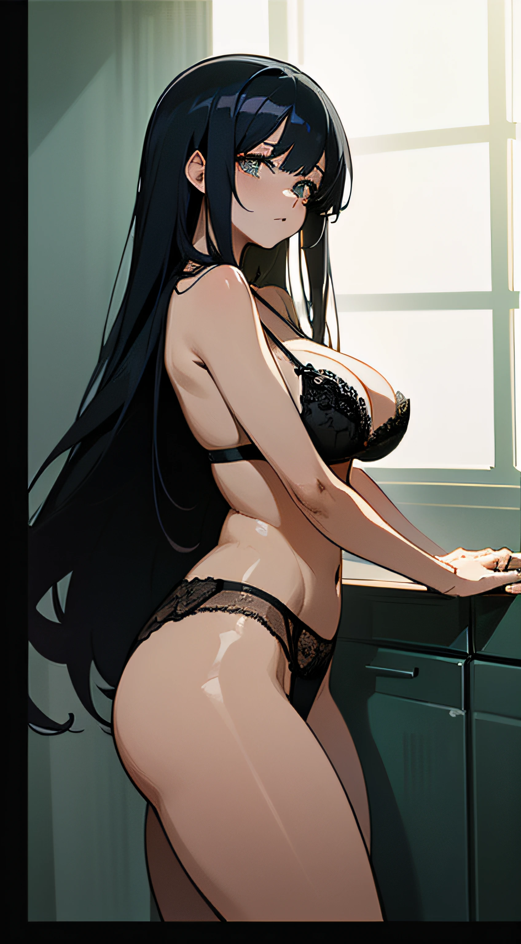 (masterpiece, side lighting, beautiful finely detailed eyes: 1.2), masterpiece * anime, drawing, bright eyes, shiny hair, skin loss, straight face, black panties, super long hair, black hair, big breasts, thick thighs, anime style manga, cartoon, lineart, lingerie, no bra