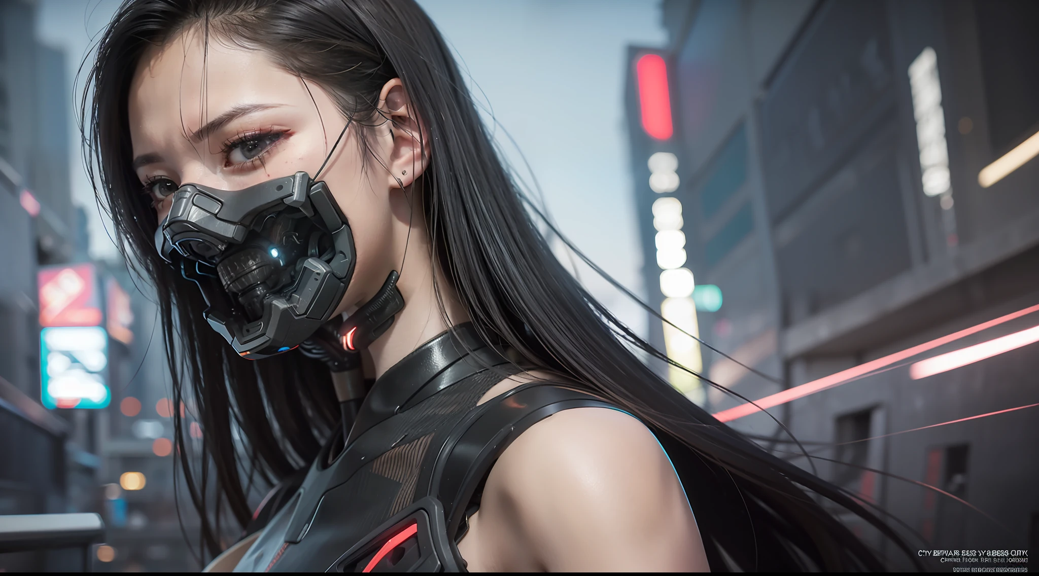 (Realistic:1.4), (Best Quality:1.0), (Super Resolution:1.0), 8K, RAW Photo, (Masterpiece:0.2), Upper Body, (Cybernetic_Jawless), (mask), mechanical parts, cybernetics, 1 girl, Asian, black eyes, black hair, (long hair: 1.2) bangs, (Cyberpunk City: 1.2), neon,
