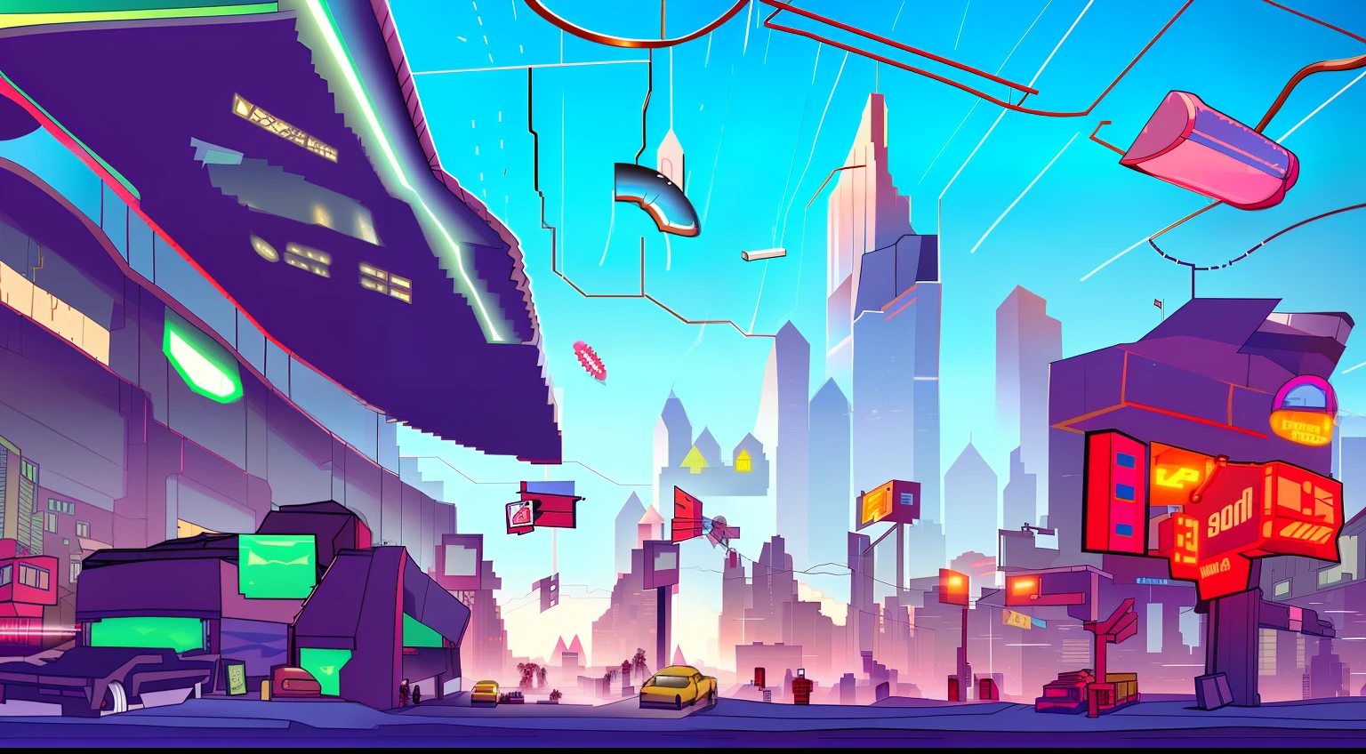 cyberpunk street, side view, 2D game style, pixel art style, cool vendors, roads and cars, --auto