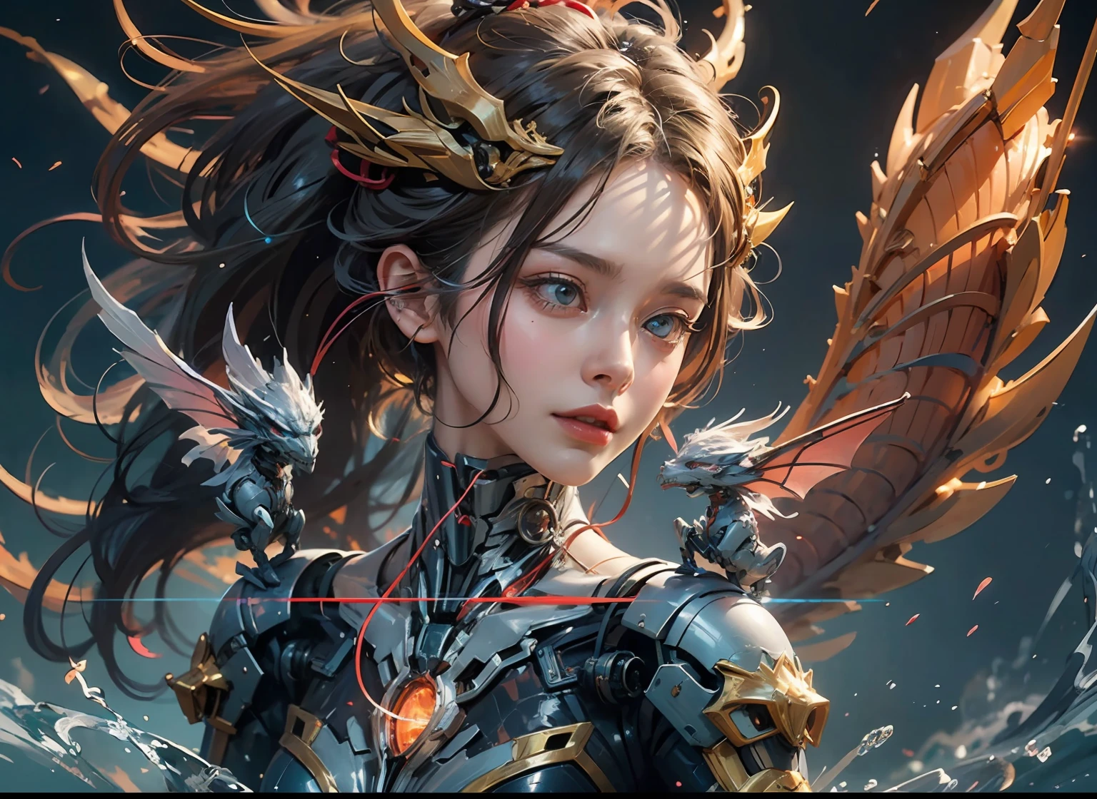 (top quality), (masterpiece), very delicate and beautiful girl, 10 years old, very detailed, amazing, fine details, official art, super detailed, high resolution, beautiful detailed girl, light in the face, little girl is stroking dragon,
little girl stroking dragon face,dragon,dragon has a gentle expression,(floating hair),mecha,(mechanical mecha),filled with water energy,mechs,honey mech,machinery