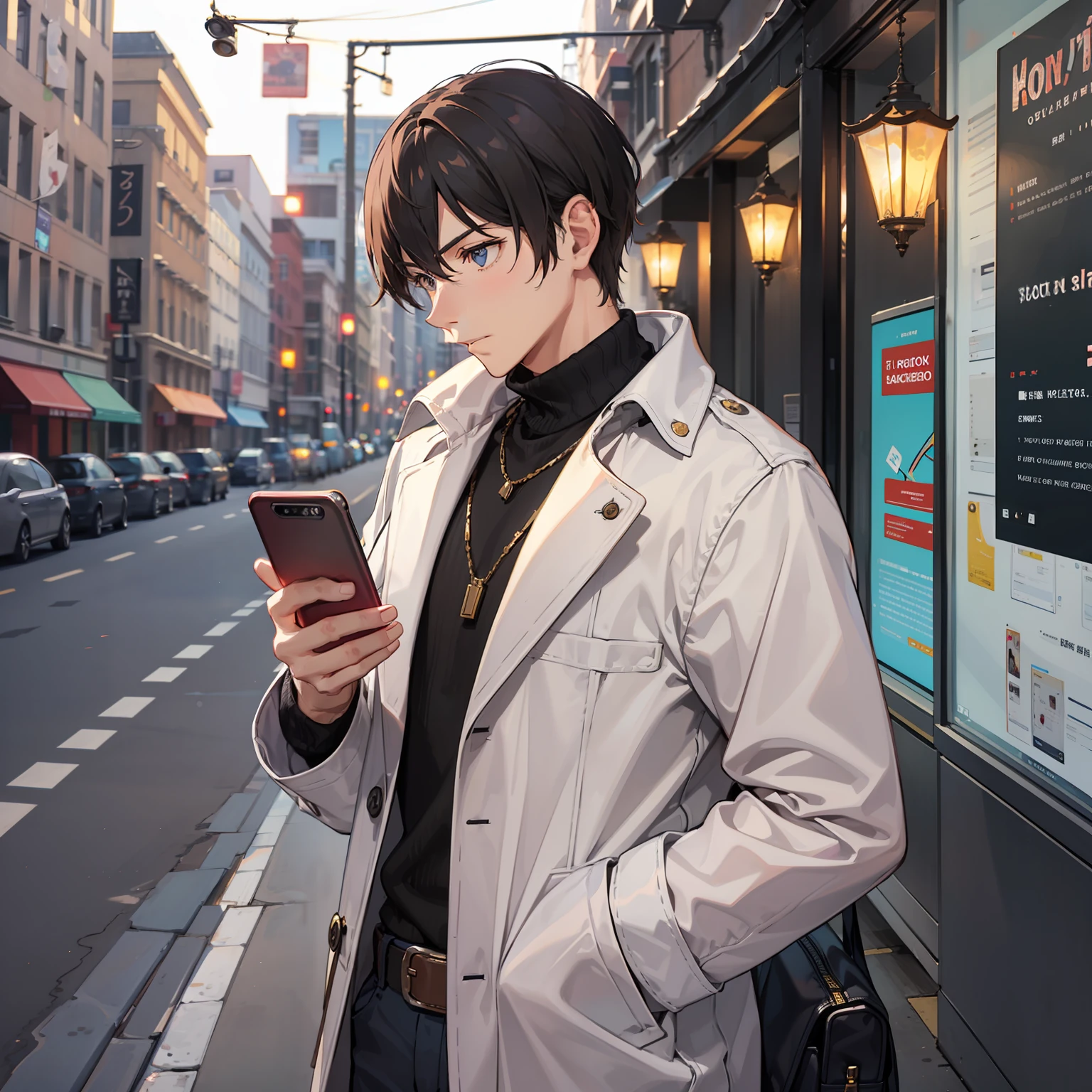 A man in a casual coat looked down at his phone, puzzled