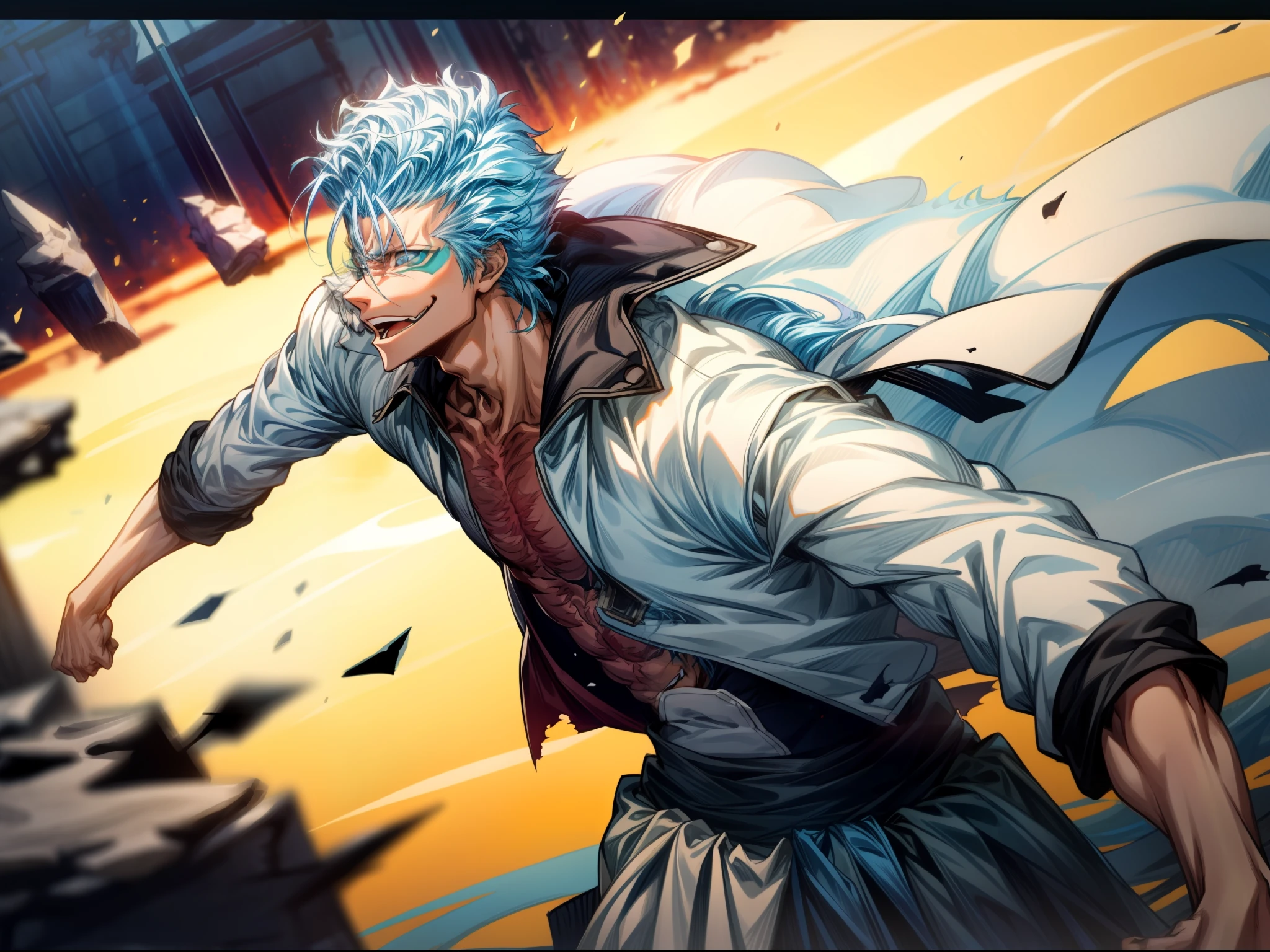official art, unity 8k wallpaper, ultra detailed, beautiful and aesthetic, masterpiece, best qualitmasterpiece, best quality, 1boy, grimmjow jaegerjaquez, at night, night, low light, natural light, fighting pose, white pants, white jacket, smiling with tongue out, damaged clothes, damaged skin, street, japanese street, low light, light rays, aura power, floating particles, doing a power, holding a katana, zanpakutou, angry eyes, angry face, smiling, looking ahead, male focus, strong muscles, movie composition,upper body,detailed,dust background, hueco mundo backround, seiretai background, 1 boy