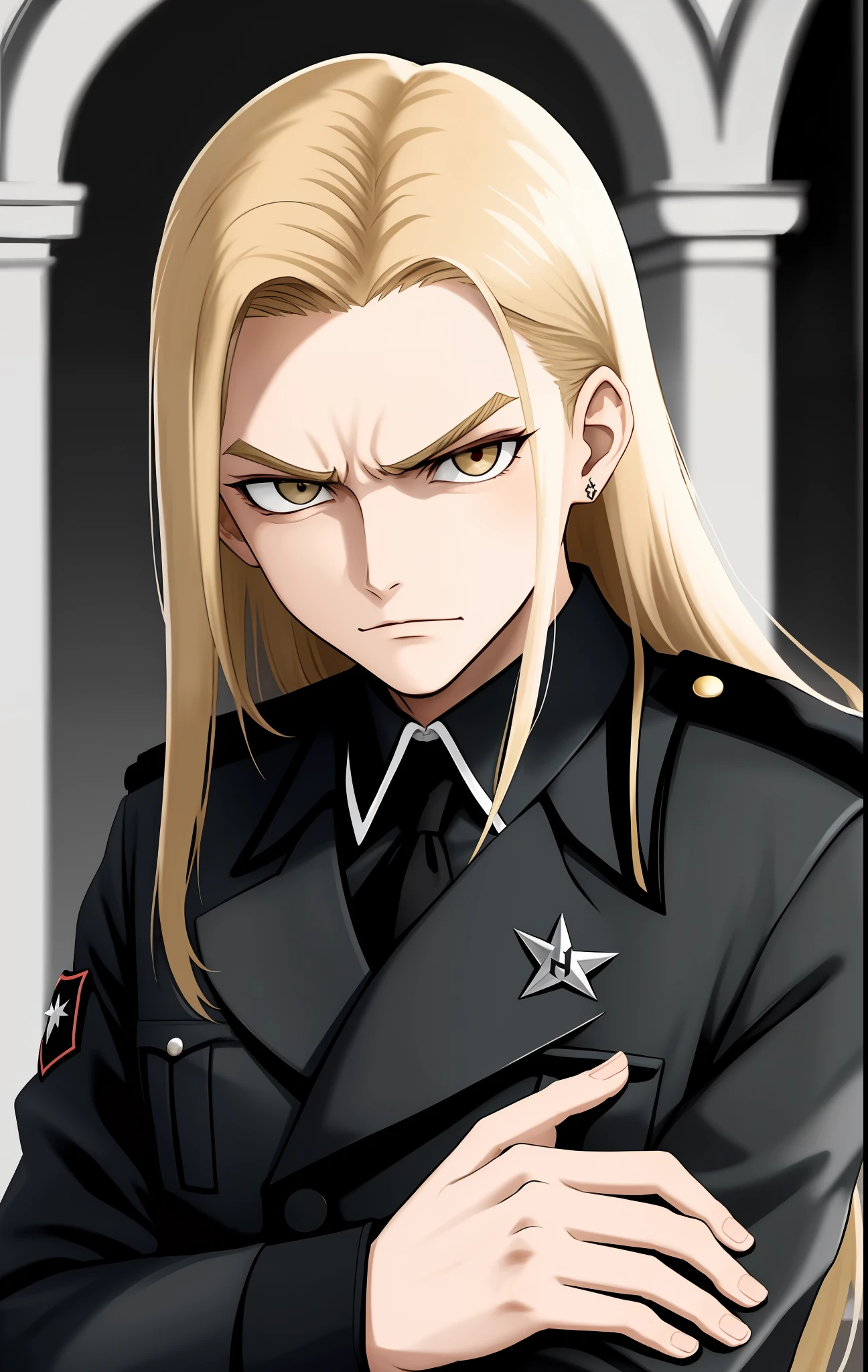 Young long blonde hair, Black Schutzstaffel uniforms, man, with bangs, evil look