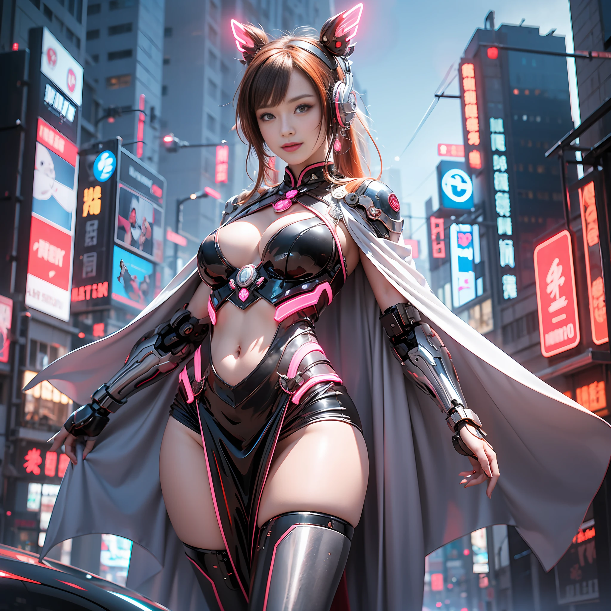 1 Girl, Chinese_clothes, metallic black titanium and pink, cyberhan, cheongsam, cyberpunk city, dynamic pose, detailed luminous headphones, glowing hair accessories, long hair, glowing earrings, glowing necklace, cyberpunk, high-tech city, full of mechanical and futuristic elements, futurism, technology, glowing neon, pink, pink light, revealing belly, sexy skirt, translucent cape, laser light, digital background city sky, big moon, with vehicle, best quality, masterpiece, 8K, Character Edge Light, Super High Detail, High Quality, Most Beautiful Woman in Mankind, Smile, Ear Decoration, Long Antenna Glow, Beautiful Eyes, Light Special Effects, Visual Data, Silver-Red Orange Hair Dye, Ultra Detail Facial Texture, Happy, Weapon System, Crowded Pedestrians, Mecha Style, Head-Mounted Glow Antenna, Jet, (Sexy).