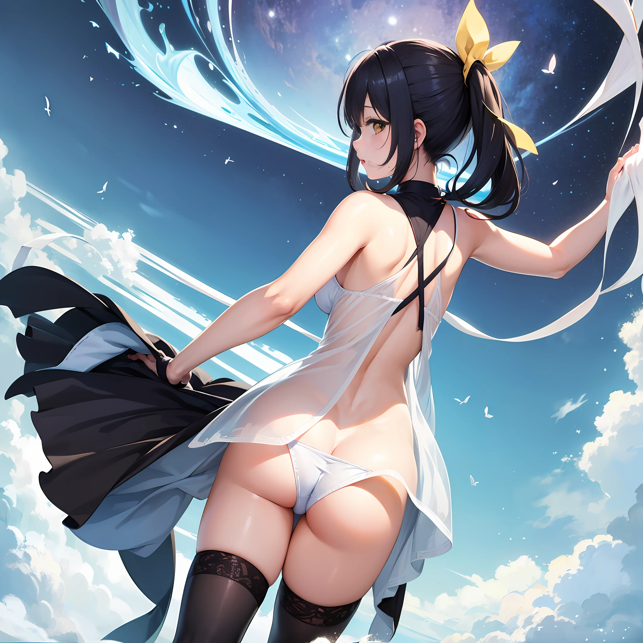 Solo, Anime, Love Live! , black hair ponytail, yellow eyes, wet and see-through, white underwear, angle from behind, big buttocks, large white ribbon hair fastening, puffy thighs, black tights, --auto