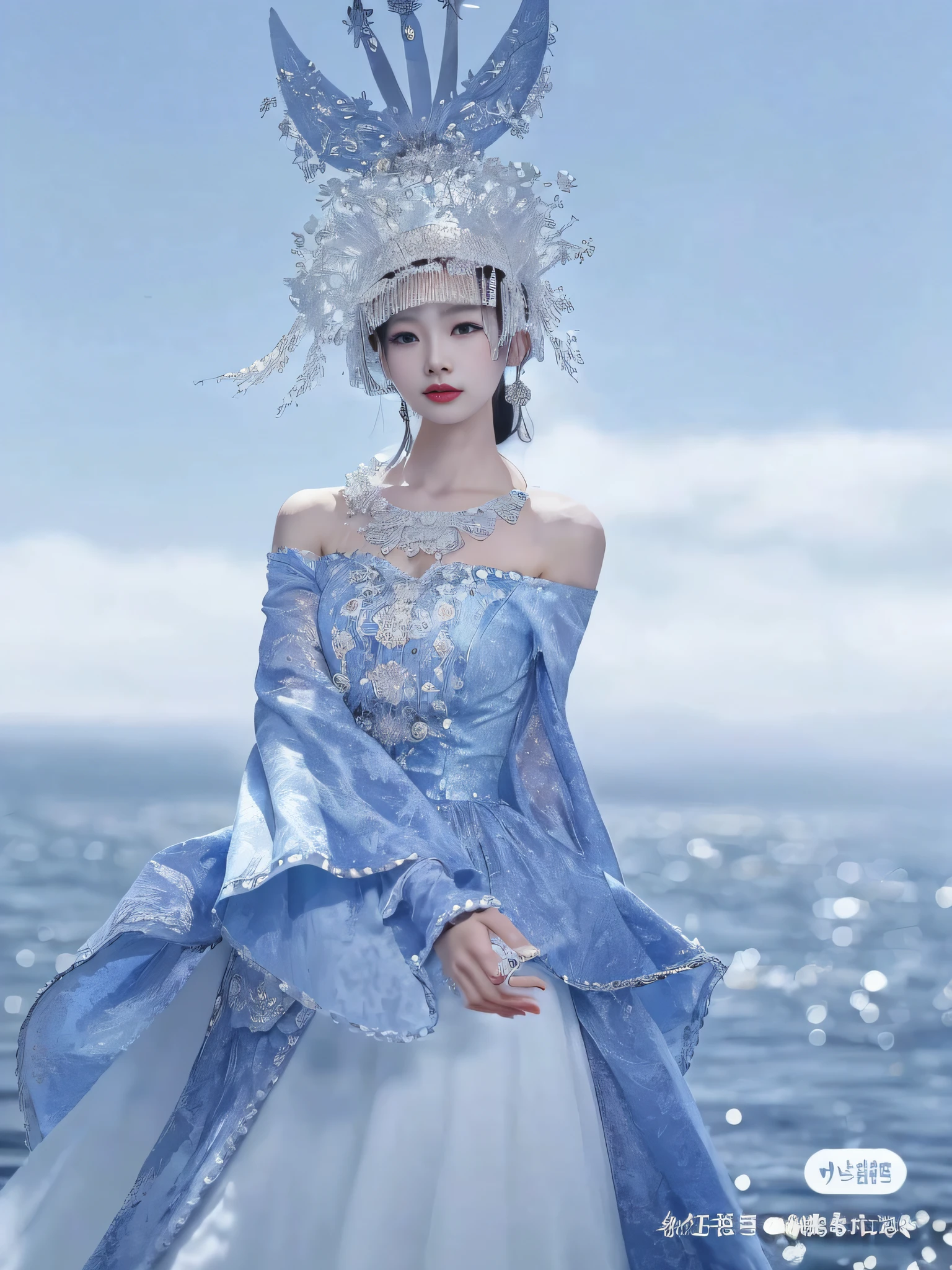 arafed woman in a blue dress and a white hat on a boat, queen of the sea mu yanling, a beautiful fantasy empress, xianxia fantasy, full body xianxia, ((a beautiful fantasy empress)), inspired by Qiu Ying, inspired by Zhang Yan, inspired by Lan Ying, inspired by Tang Yifen, inspired by Huang Ji