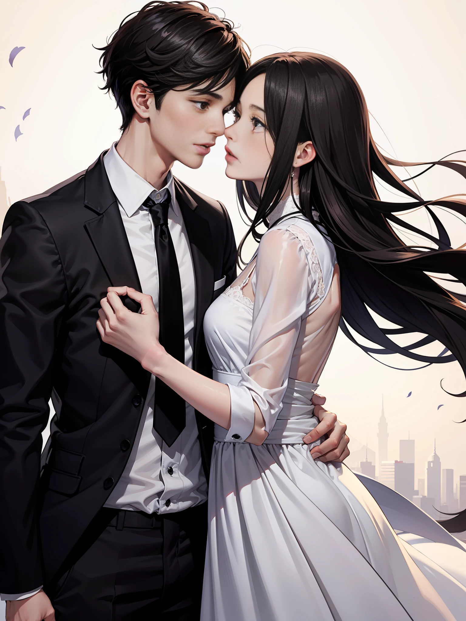 Urban romance novel cover: young couple, boy with short black hair and black eyes, fair skin, delicate facial features, white shirt, black suit, black narrow tie. Girls with brown shawls, long hair and brown eyes, fair skin, delicate facial features, gorgeous dress. Background luxury, atmosphere, foam. Happiness and happiness.