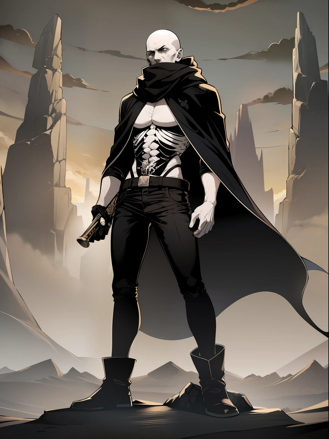 bald man dressed only in black pants and a hooded black scarf, standing in the middle of a desert. He observes a colossal flying island in the sky, positioned far away. In the distance, there are sandy rock formations resembling skeletal figures. The man holds a dagger in his hand while his torso remains bare. The emphasis is on his black scarf and pants, with no other clothing or accessories presen