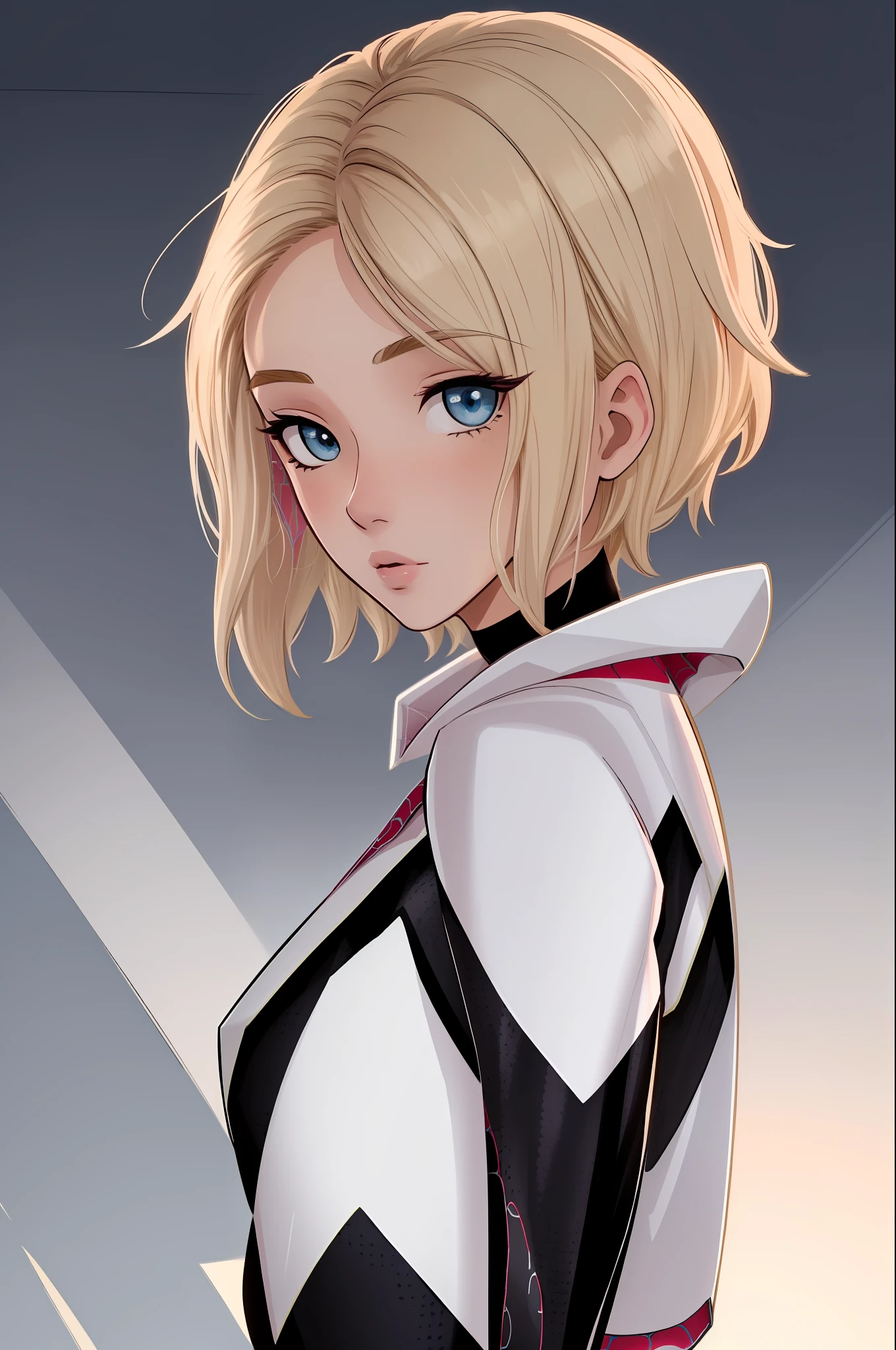 (masterpiece, best quality),  intricate details,
1girl,  gwen stacy, spider-gwen suit , bodysuit , superhero, blonde hair , blue hair , short hair, animification ,eyebrow piercing