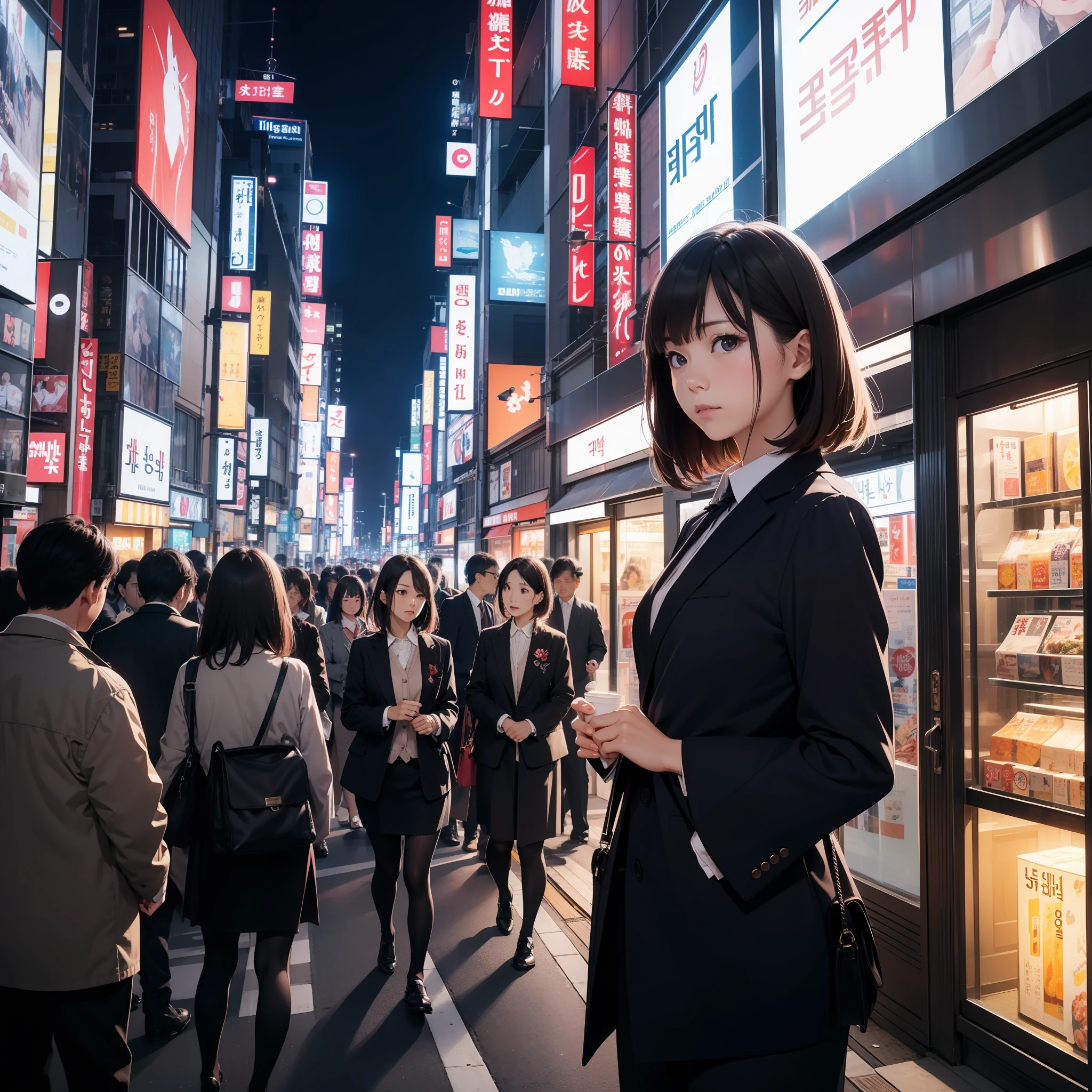 city, night, crowd, japan, tokyo, shibuya, cross road, womman, tailored uniform, korean, beauty, mature, see up, tilting face, wide lens, taken with fuji film camera, hdr