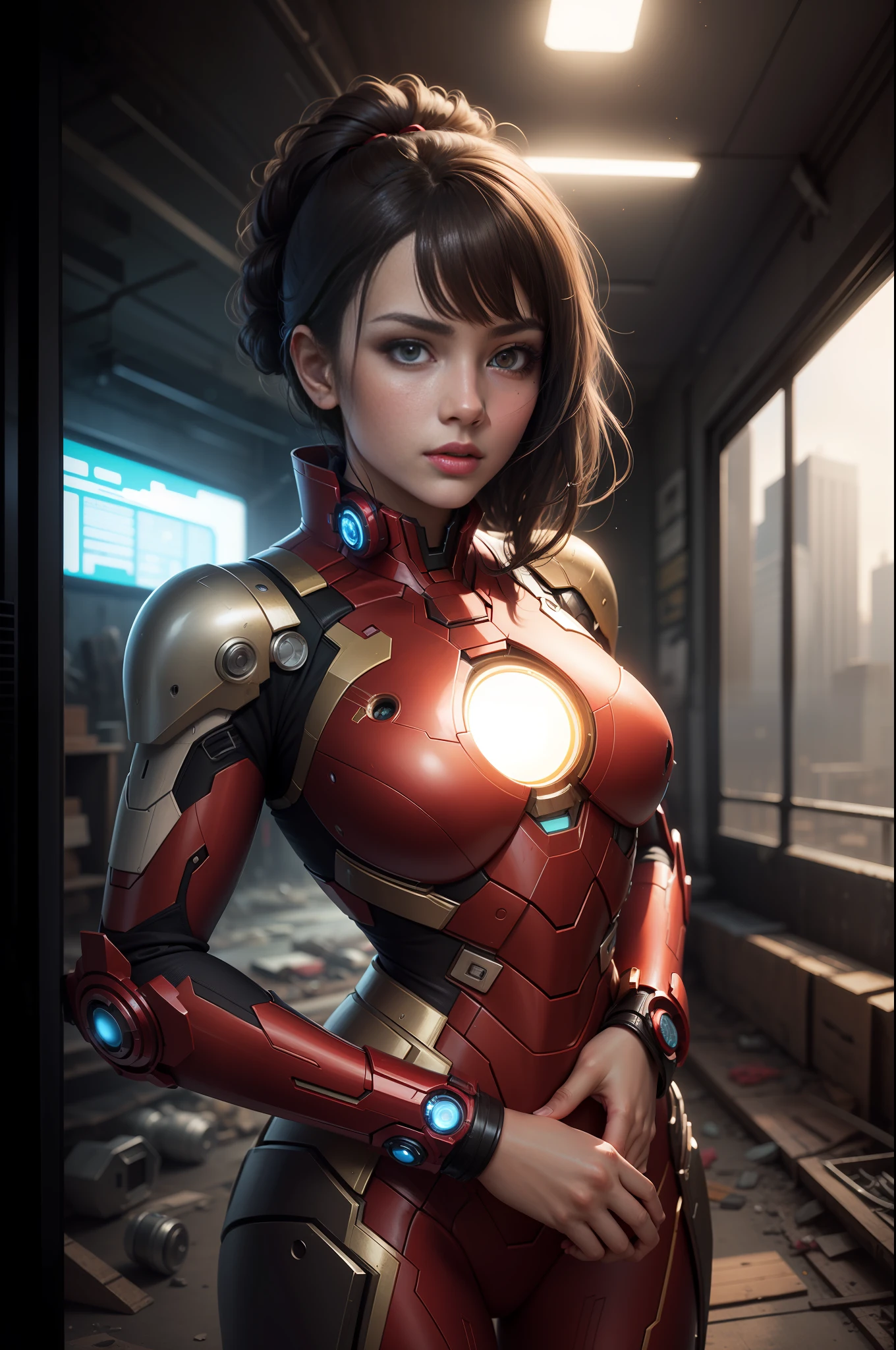 (1girl:1.3), solo,__body-parts__, official art, unity 8k wallpaper, ultra detailed, beautiful and aesthetic, beautiful, masterpiece, best quality, RAW, masterpiece, super fine photo,, best quality, super high Resolution, photorealistic, sunlight, full body portrait, stunningly beautiful,, dynamic pose, delicate face, vibrant eyes, (side view), she is wearing a futuristic Iron Man mech, red and gold, Highly detailed abandoned warehouse background, detailed face, detailed complex busy background, messy, gorgeous, milky, high detailed skin, realistic skin details, visible pores, sharp focus, volumetric fog, 8k uhd, dslr camera, High quality, film grain, fair skin, photorealism, lomography, sprawling metropolis in a futuristic dystopia, view from below, translucent