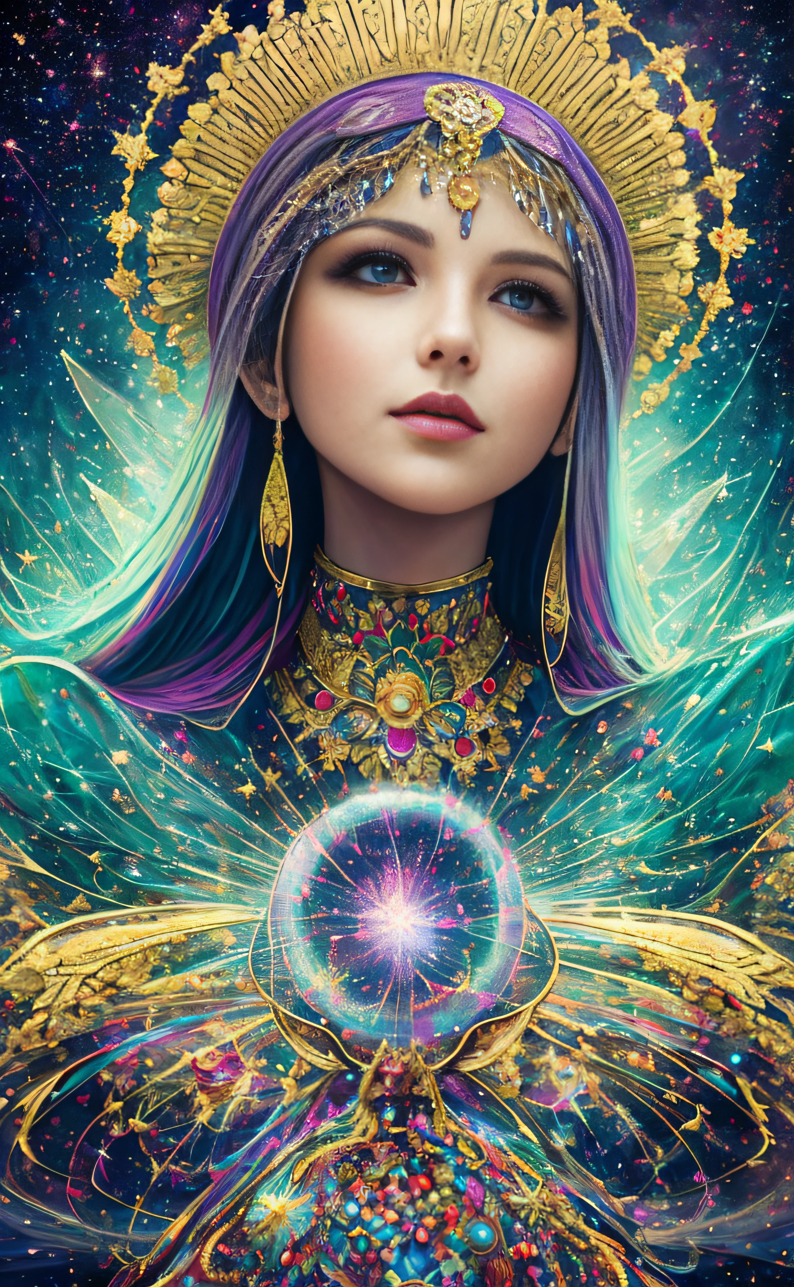 a woman with a crown and a star in her hair, portrait of a cosmic goddess, 4k highly detailed digital art, cosmic goddess, colorfull digital fantasy art, goddess. extremely high detail, beautiful fantasy art portrait, beautiful art uhd 4 k, detailed fantasy digital art, digital art fantasy art, digital art fantasy, 3 d goddess portrait, beautiful celestial mage