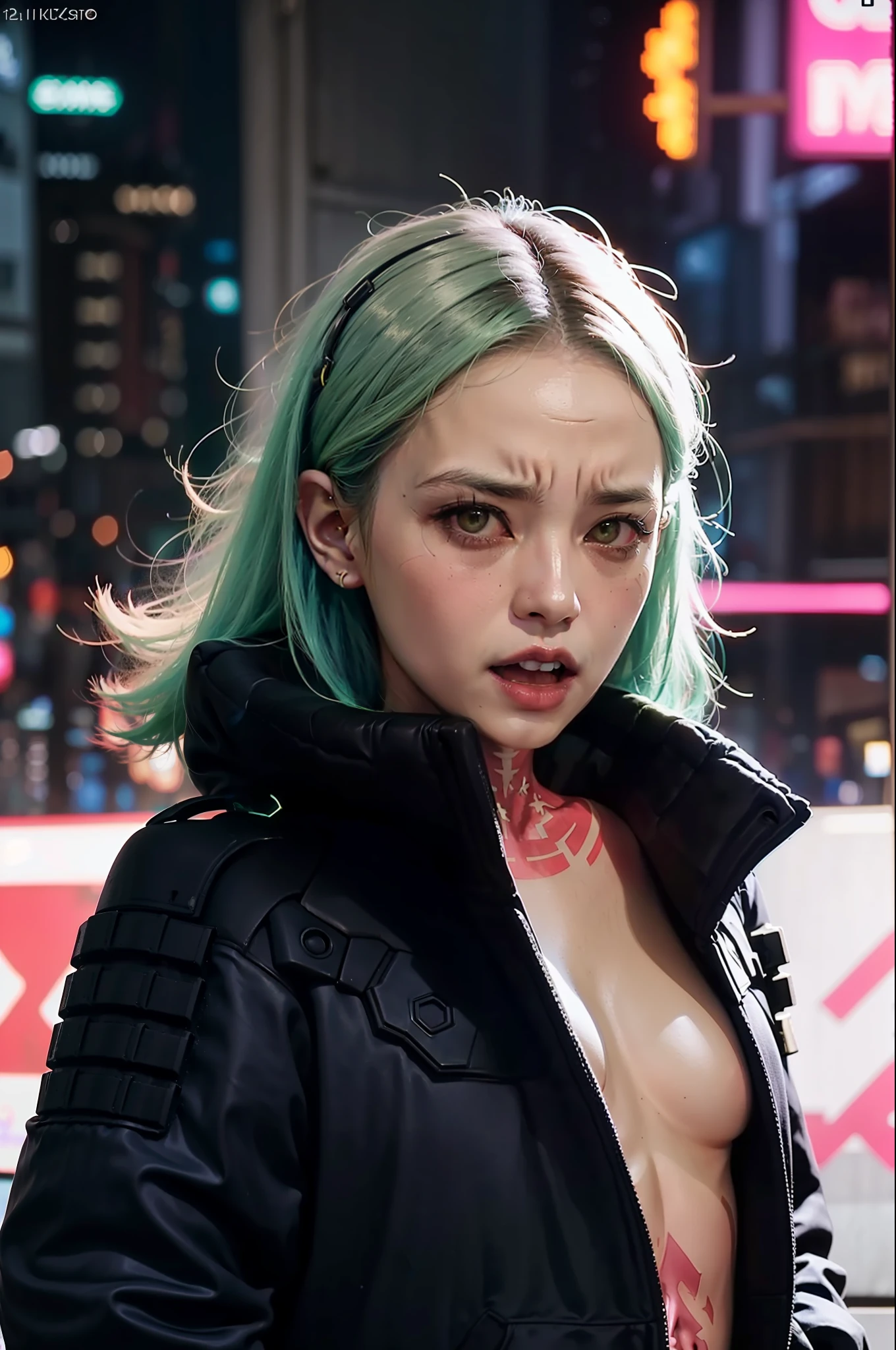 (cinematic, 8k, best quality, masterpiece: 1.2), (realistic, photo-realistic: 1.37), ultra-detailed, soft light, best quality, ultra highres, raw photo in HDR, sharp focus, intricate texture, skin imperfections, 1 girl, cute, solo, raw photo, Rebecca a robotic girl with green hair, pink tattoo on neck and belly, crazy face with rage, wearing a black jacket with yellow details,  19yo, camel fingers, slim body, warm body, shiny skin, realistic textures, reflected lighting, volumetric lighting. Background a cyberpunk city at night, neon lighting.