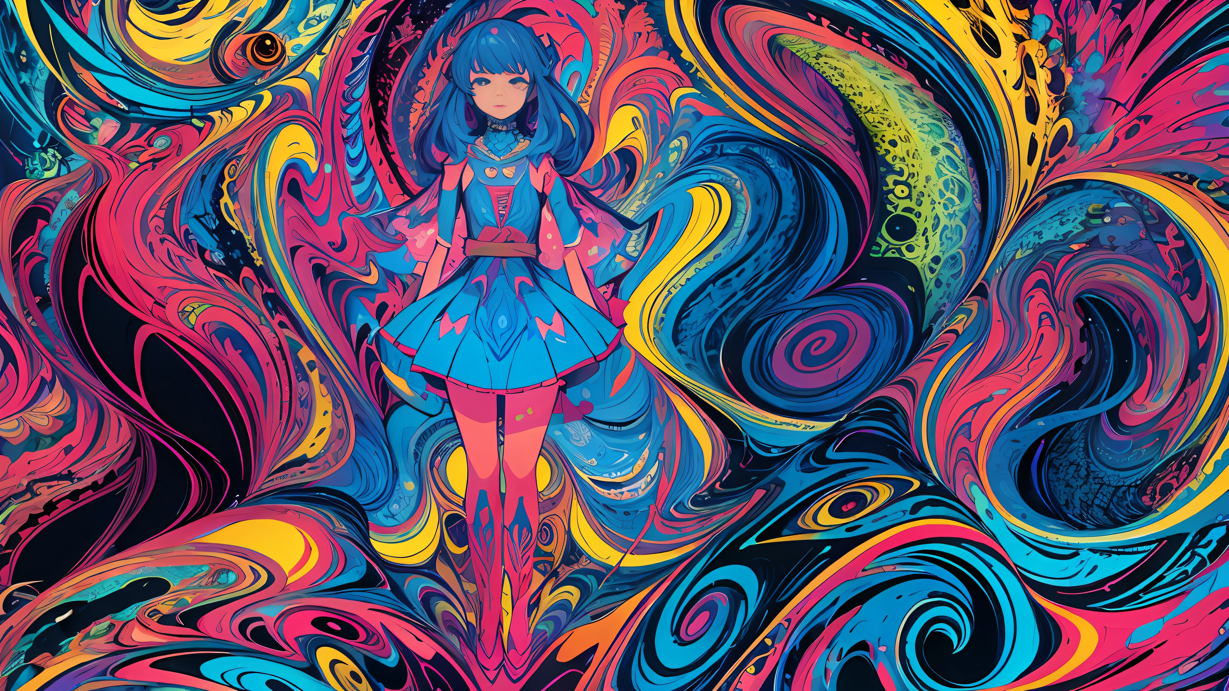 (masterpiece, best quality:1.3), (Psychedelic Art:1.3), 1girl, cel shading, bold outlines, flat colors, sharp shadows, graphic style, (manga influence), clean linework, (striking visuals),multicolored background