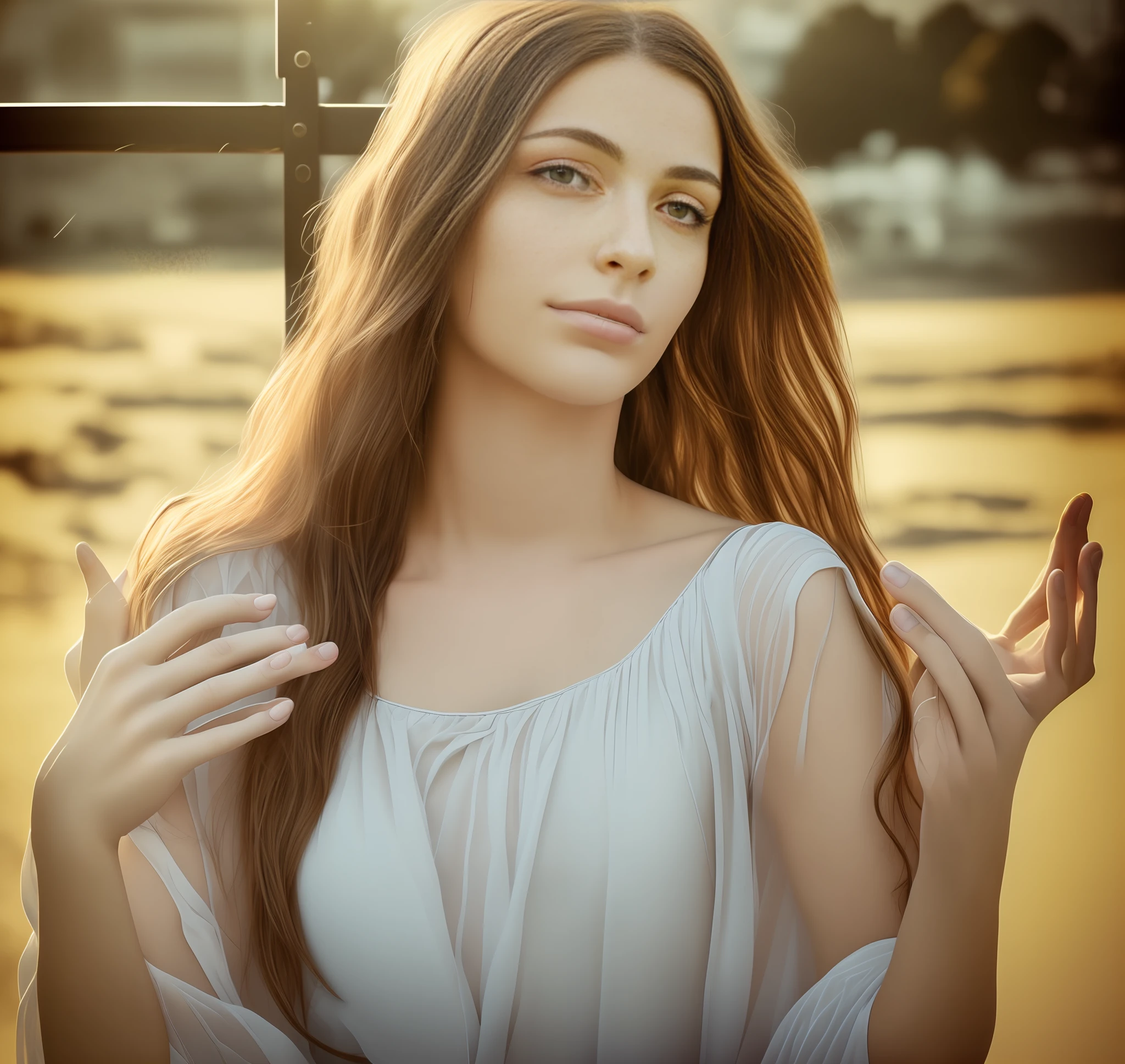 1girl, dasha,Full shot,portrait photography, beautiful young woman with transparent western tunic dress,long_hair, realistic, eyes visible through hair, proper eye position, natural skin, backlight, cinematic light, rim light, soft light , hips, in night time, city side background, detailed color graded background, intricate , highly detail, octane render,HDR, HD, 8k, by Annie Leibovitz